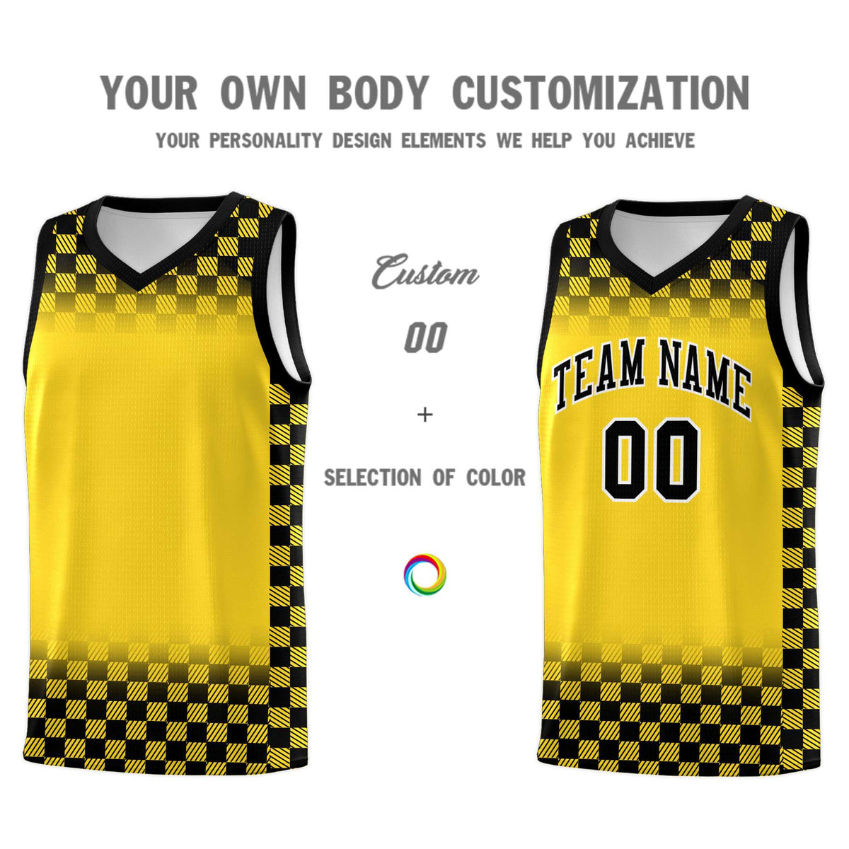 Custom Gold Black Classic Plaid Pattern Sports Uniform Basketball Jersey