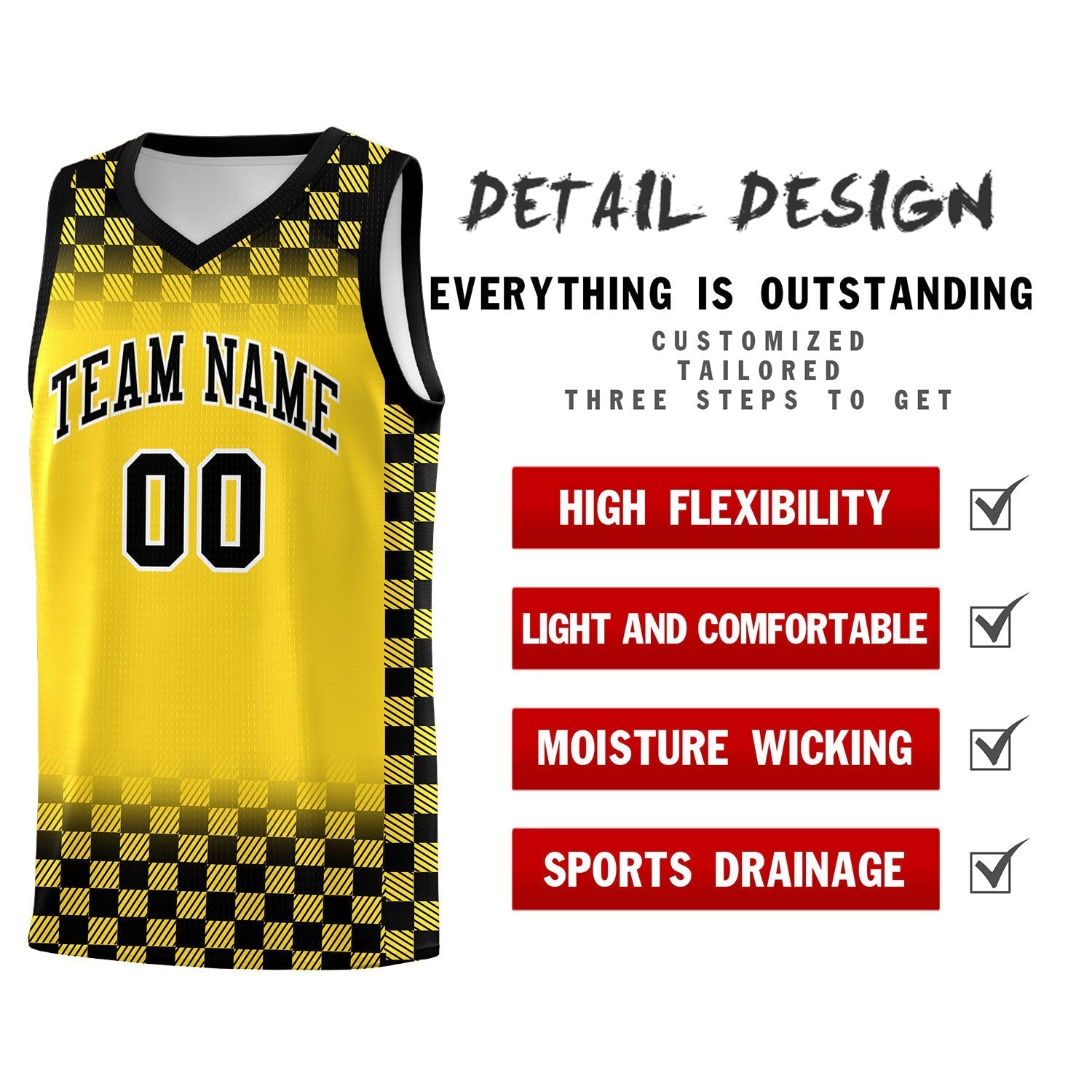 Custom Gold Black Classic Plaid Pattern Sports Uniform Basketball Jersey