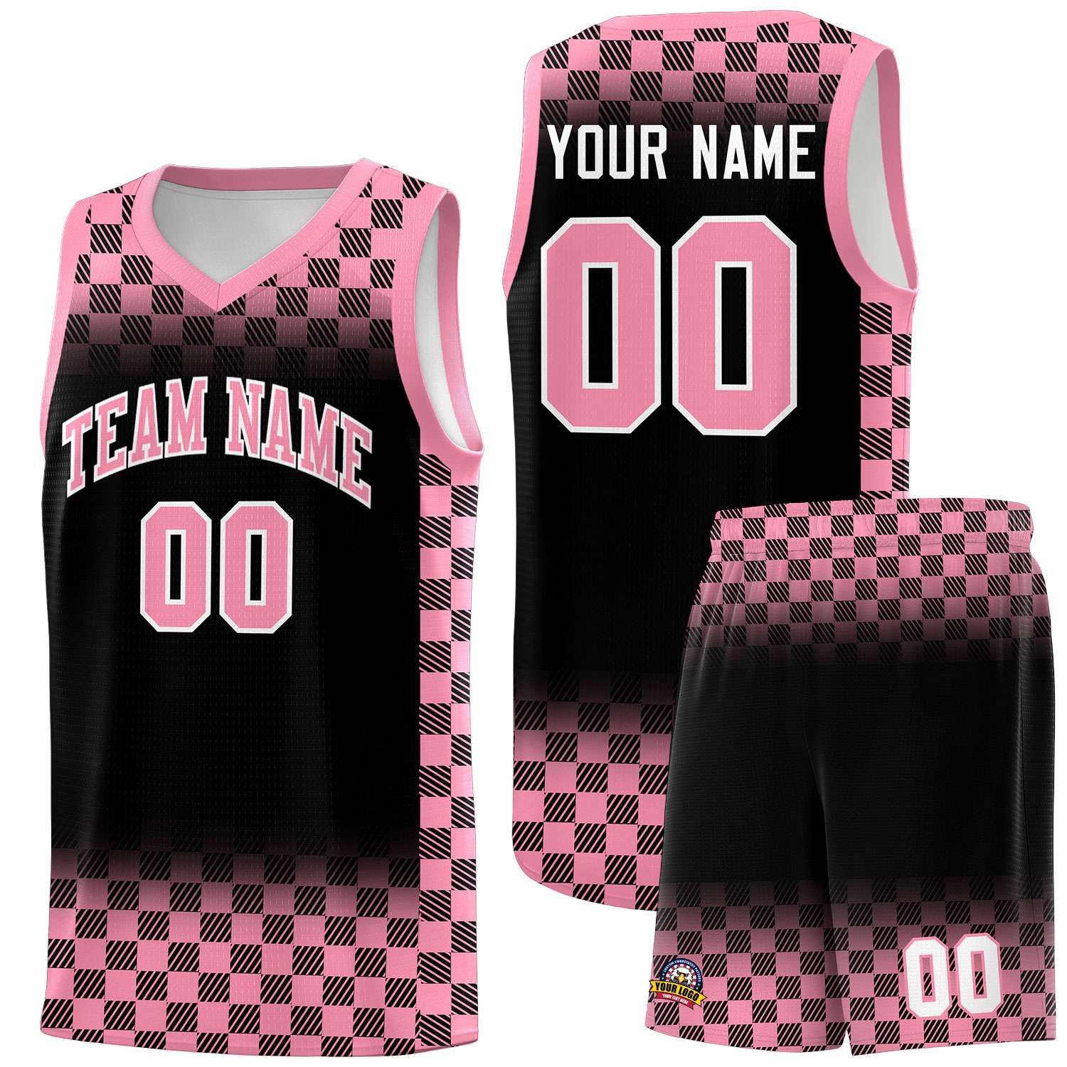 Custom Black Light Pink Classic Plaid Pattern Sports Uniform Basketball Jersey