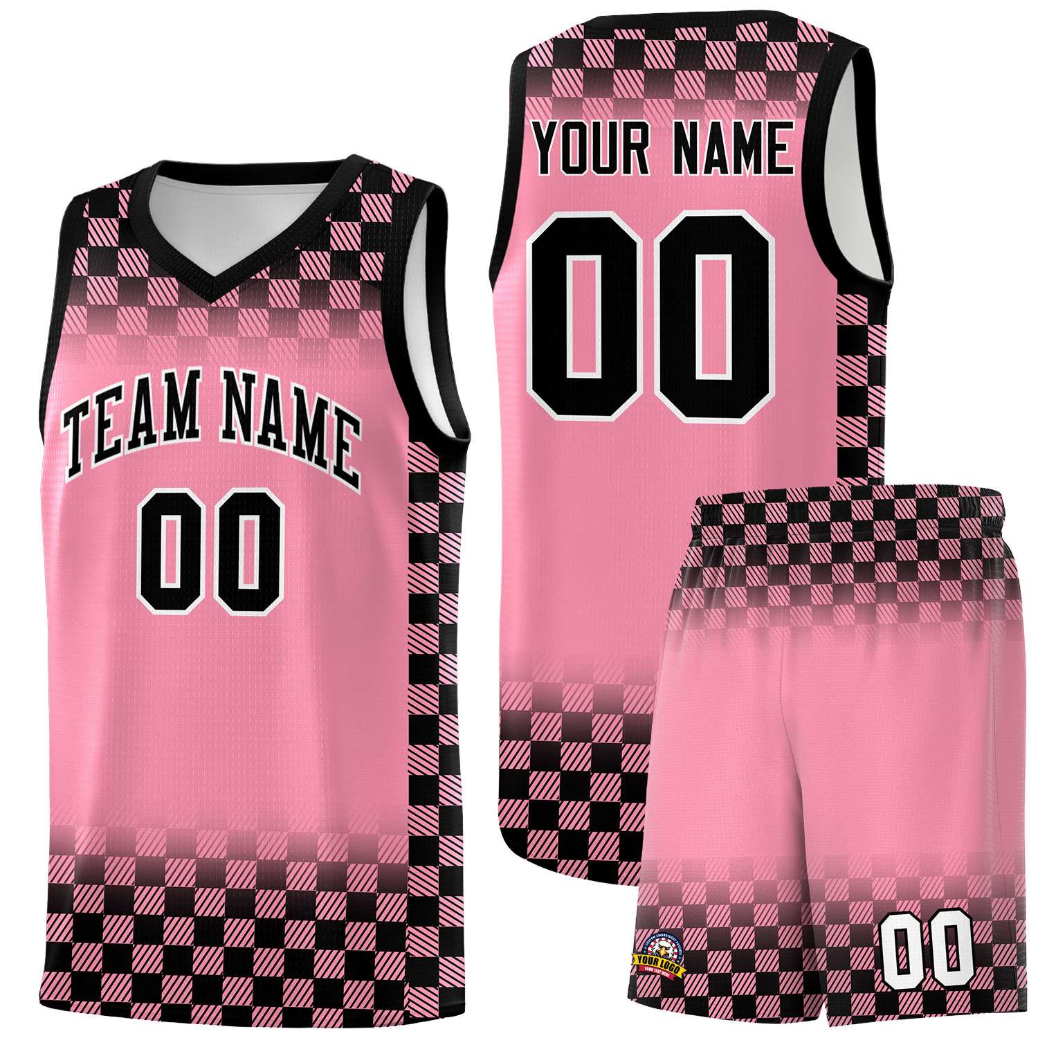 Custom Light Pink Black Classic Plaid Pattern Sports Uniform Basketball Jersey