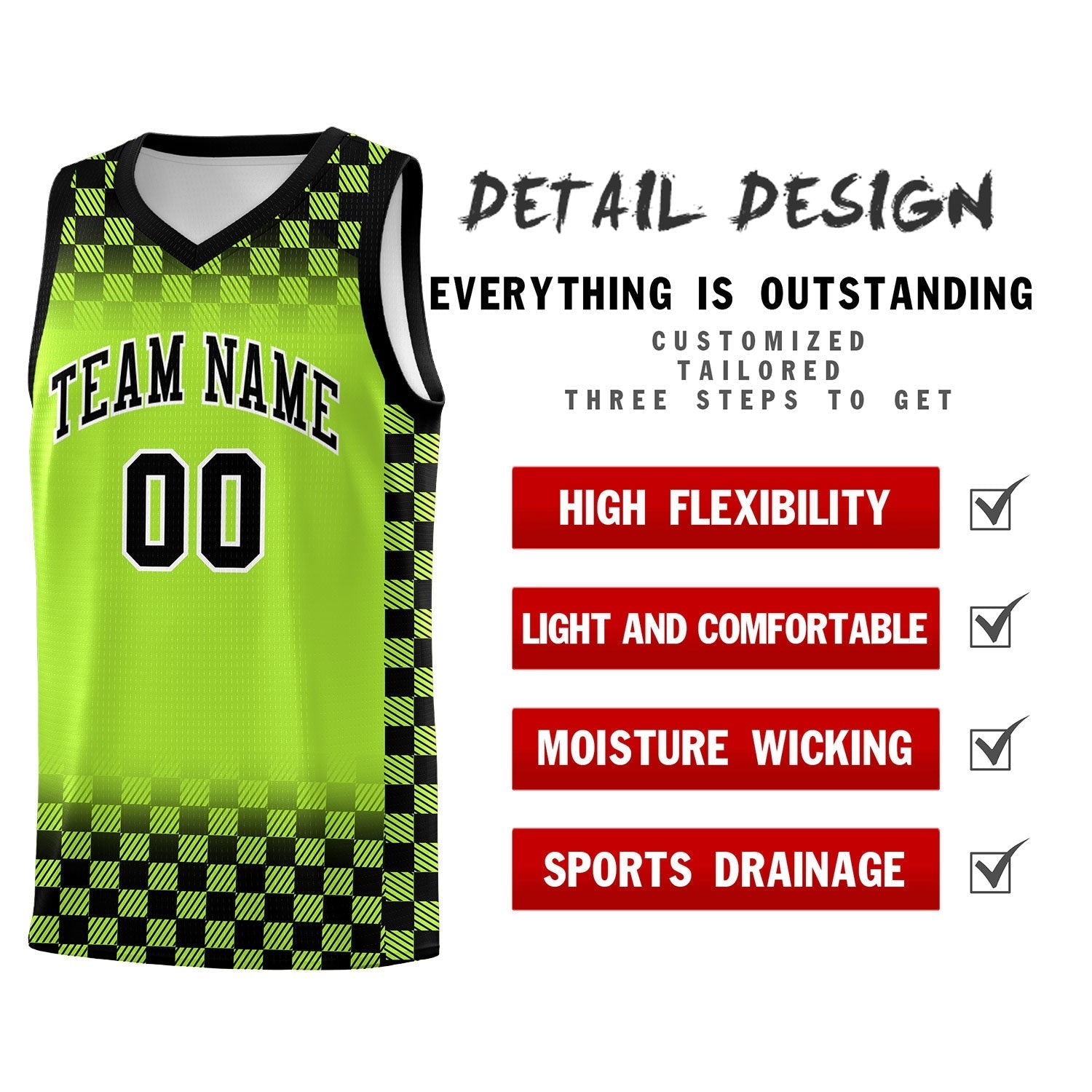 Custom Neon Green Black Classic Plaid Pattern Sports Uniform Basketball Jersey