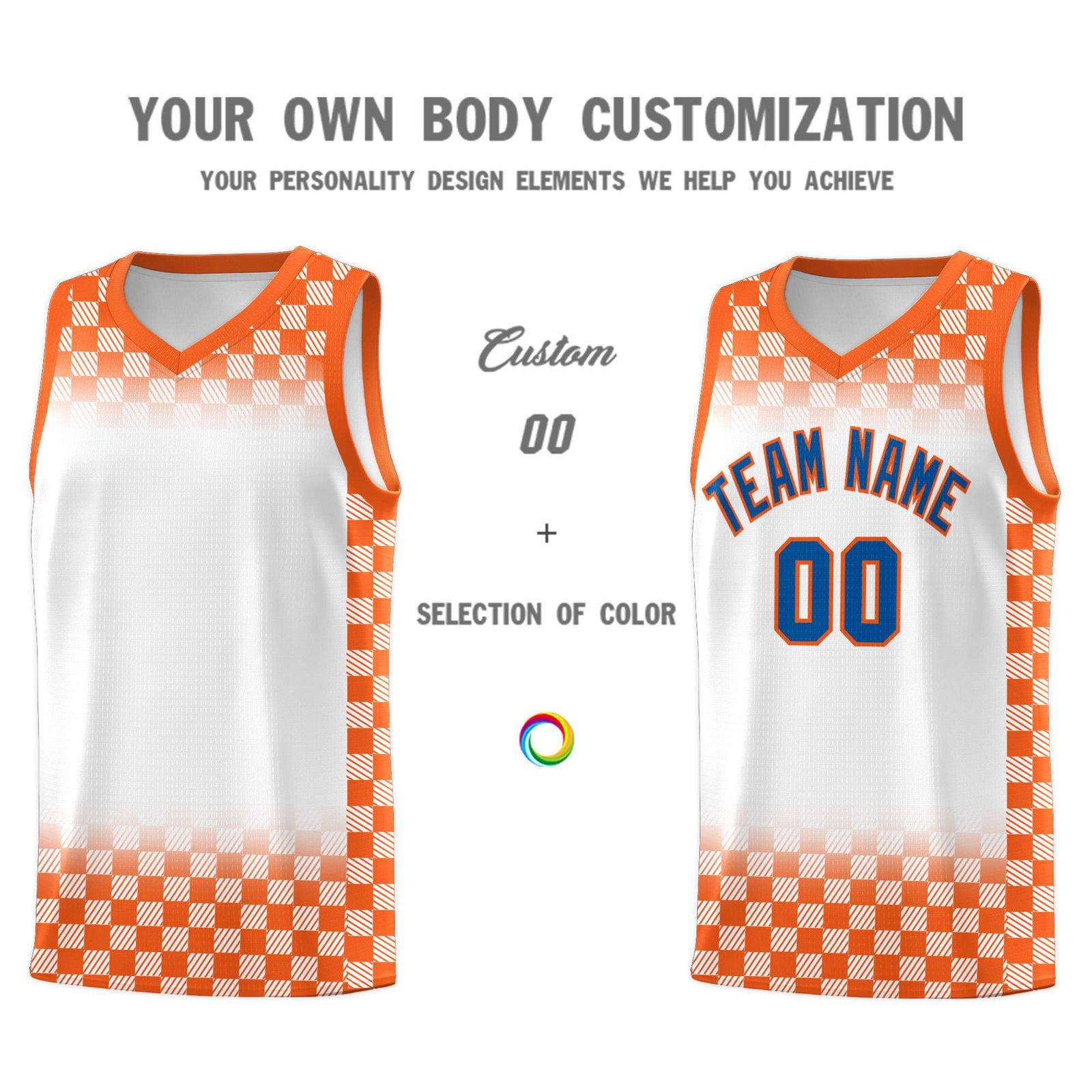 Custom White Orange Classic Plaid Pattern Sports Uniform Basketball Jersey