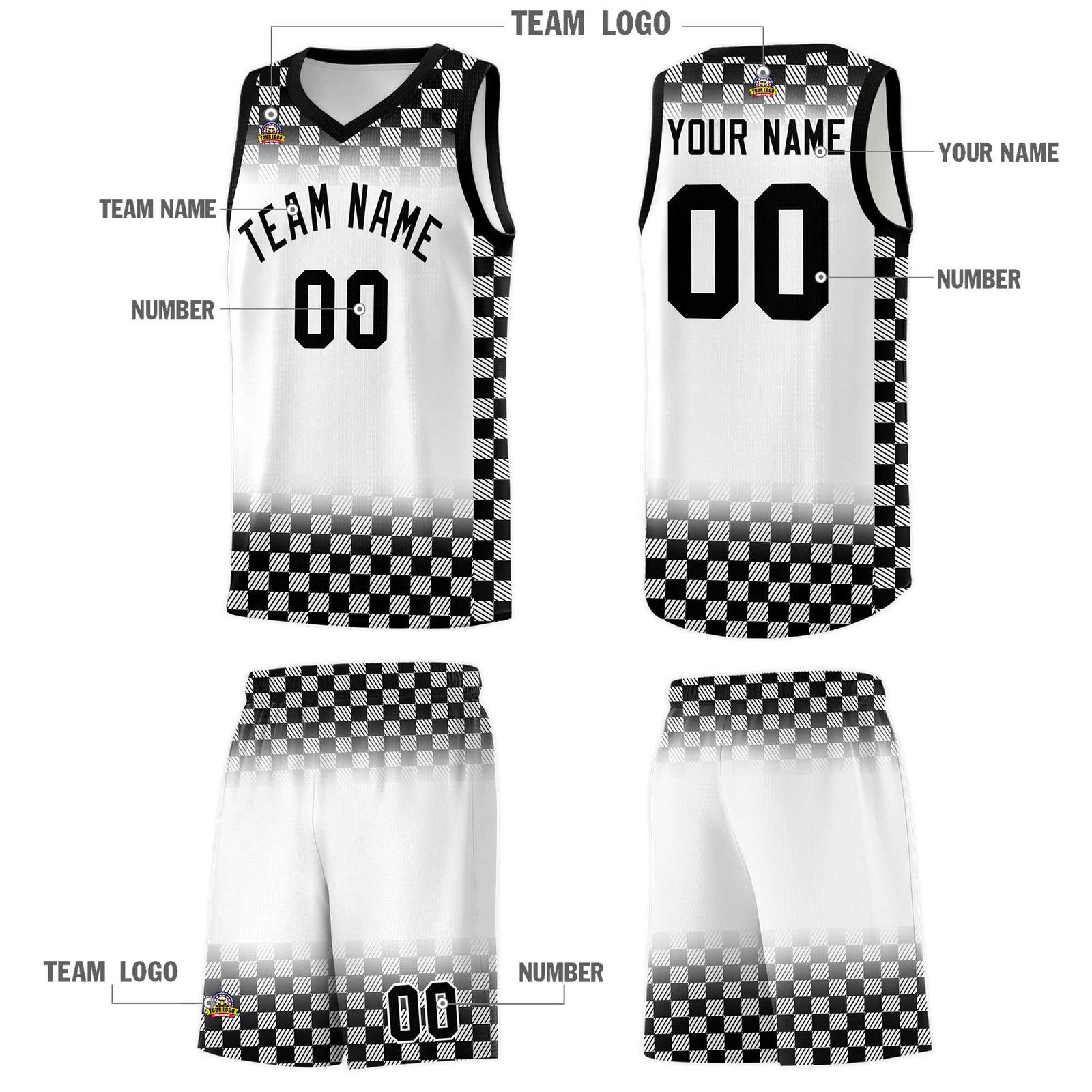 Custom White Black Classic Plaid Pattern Sports Uniform Basketball Jersey