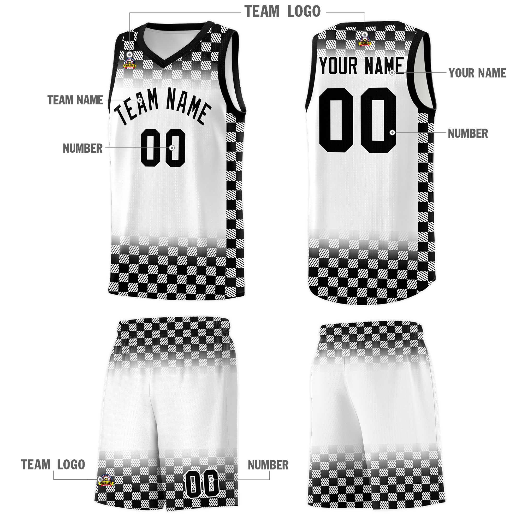 Custom White Black Classic Plaid Pattern Sports Uniform Basketball Jersey