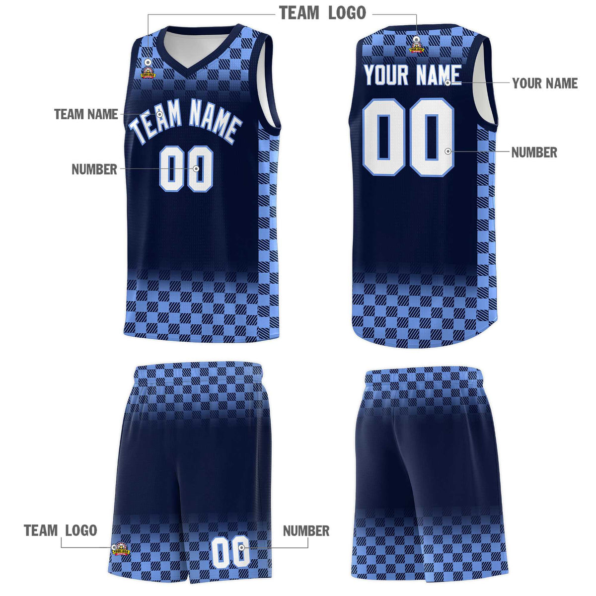 Custom Navy Light Blue Classic Plaid Pattern Sports Uniform Basketball Jersey