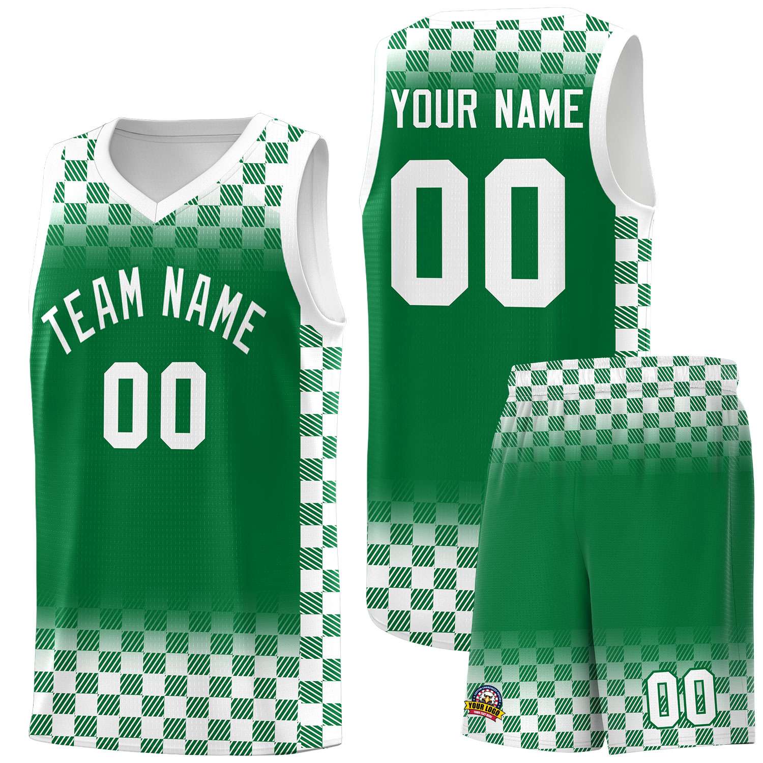 Custom Kelly Green White Classic Plaid Pattern Sports Uniform Basketball Jersey