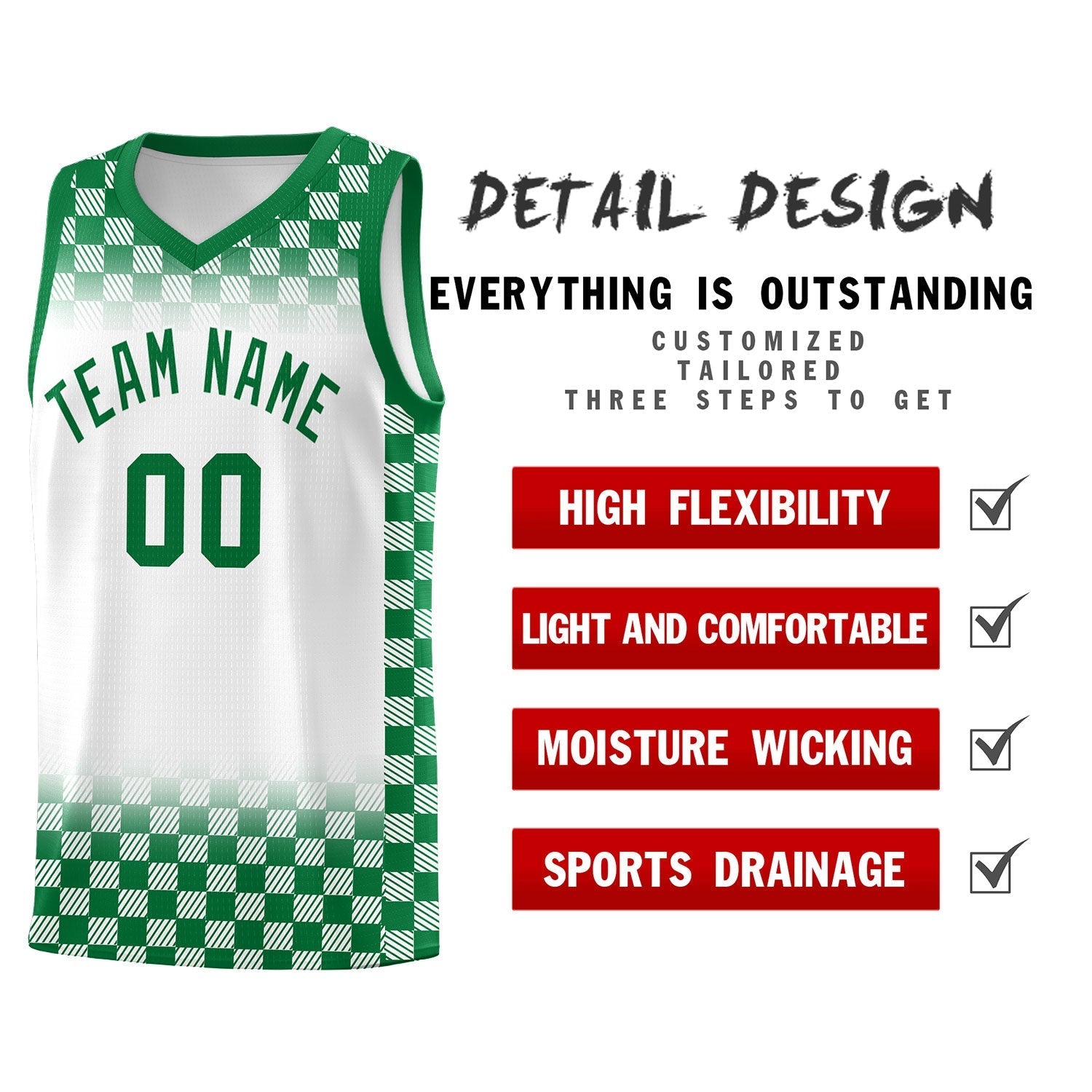 Custom White Kelly Green Classic Plaid Pattern Sports Uniform Basketball Jersey