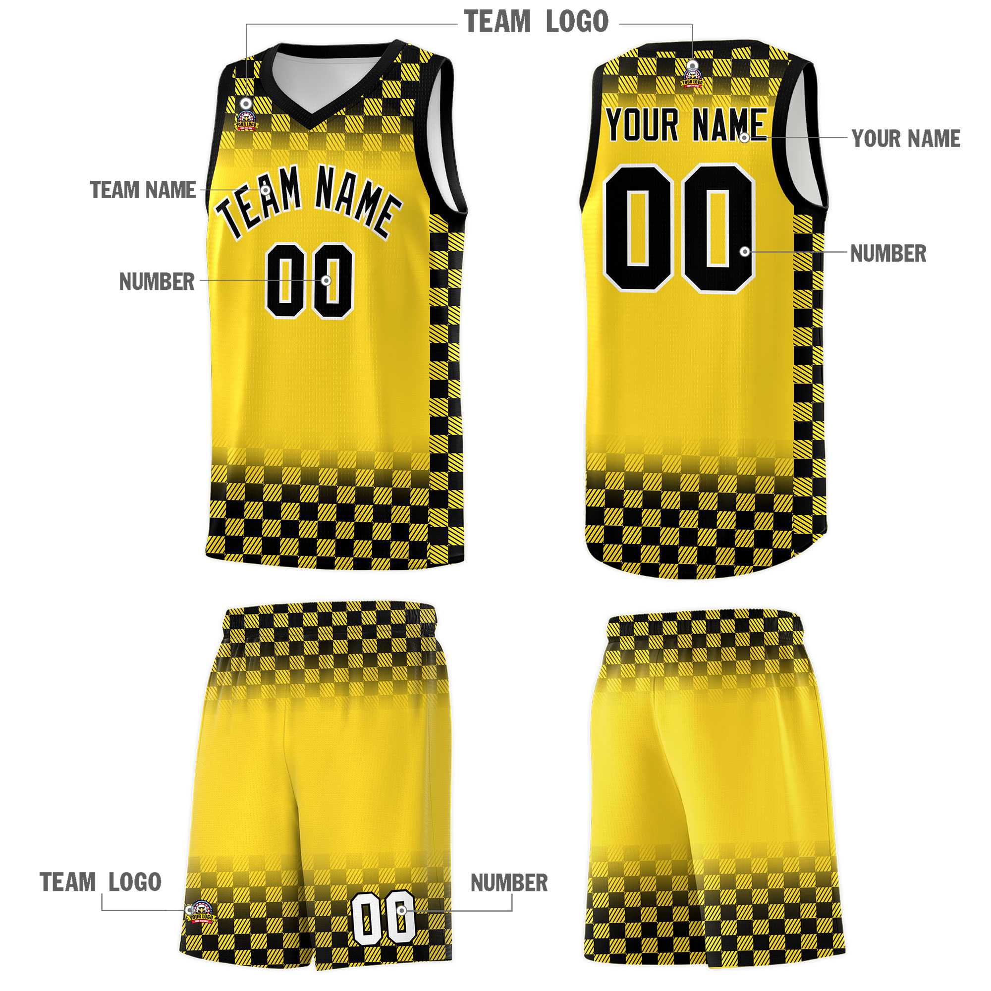 Custom Gold Black Classic Plaid Pattern Sports Uniform Basketball Jersey
