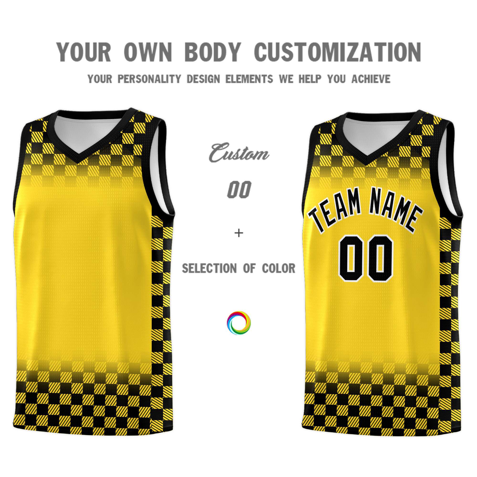 Custom Gold Black Classic Plaid Pattern Sports Uniform Basketball Jersey
