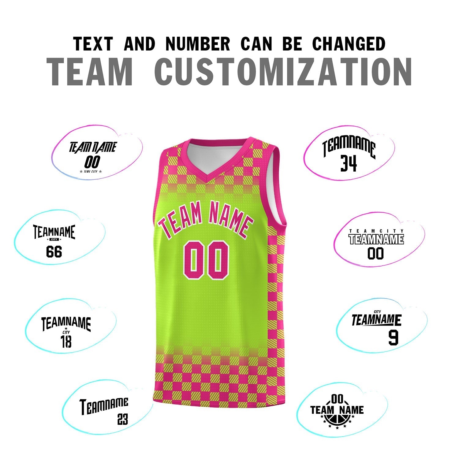 Custom Neon Green Pink Classic Plaid Pattern Sports Uniform Basketball Jersey