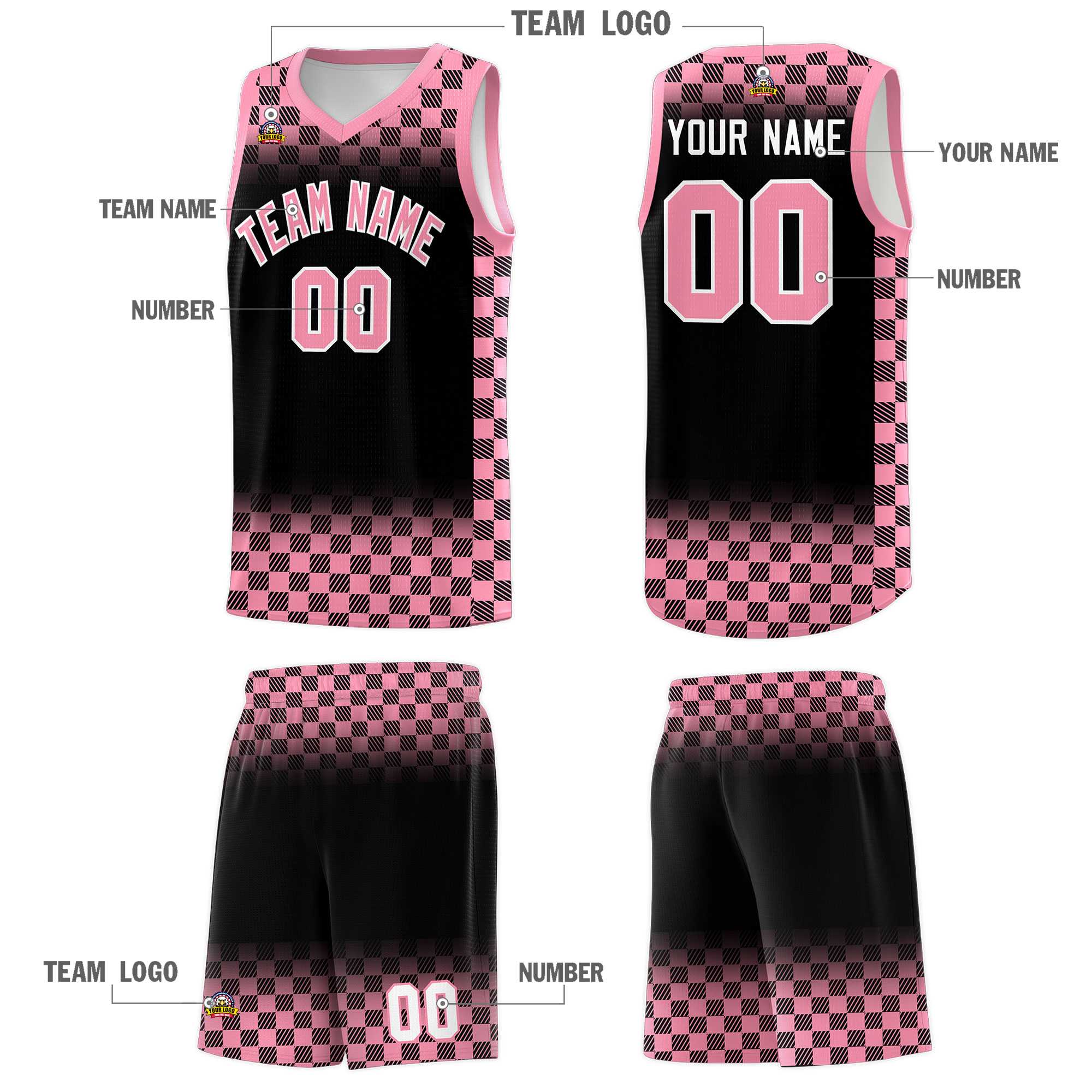 Custom Black Light Pink Classic Plaid Pattern Sports Uniform Basketball Jersey