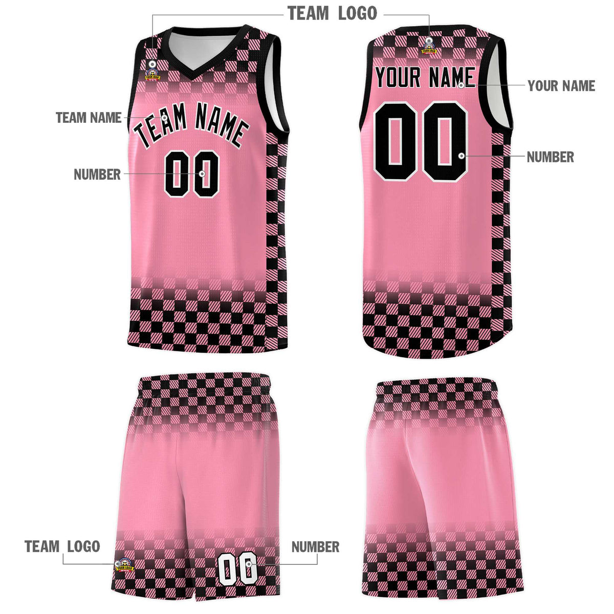 Custom Light Pink Black Classic Plaid Pattern Sports Uniform Basketball Jersey