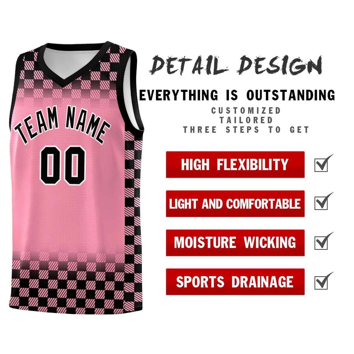 Custom Light Pink Black Classic Plaid Pattern Sports Uniform Basketball Jersey
