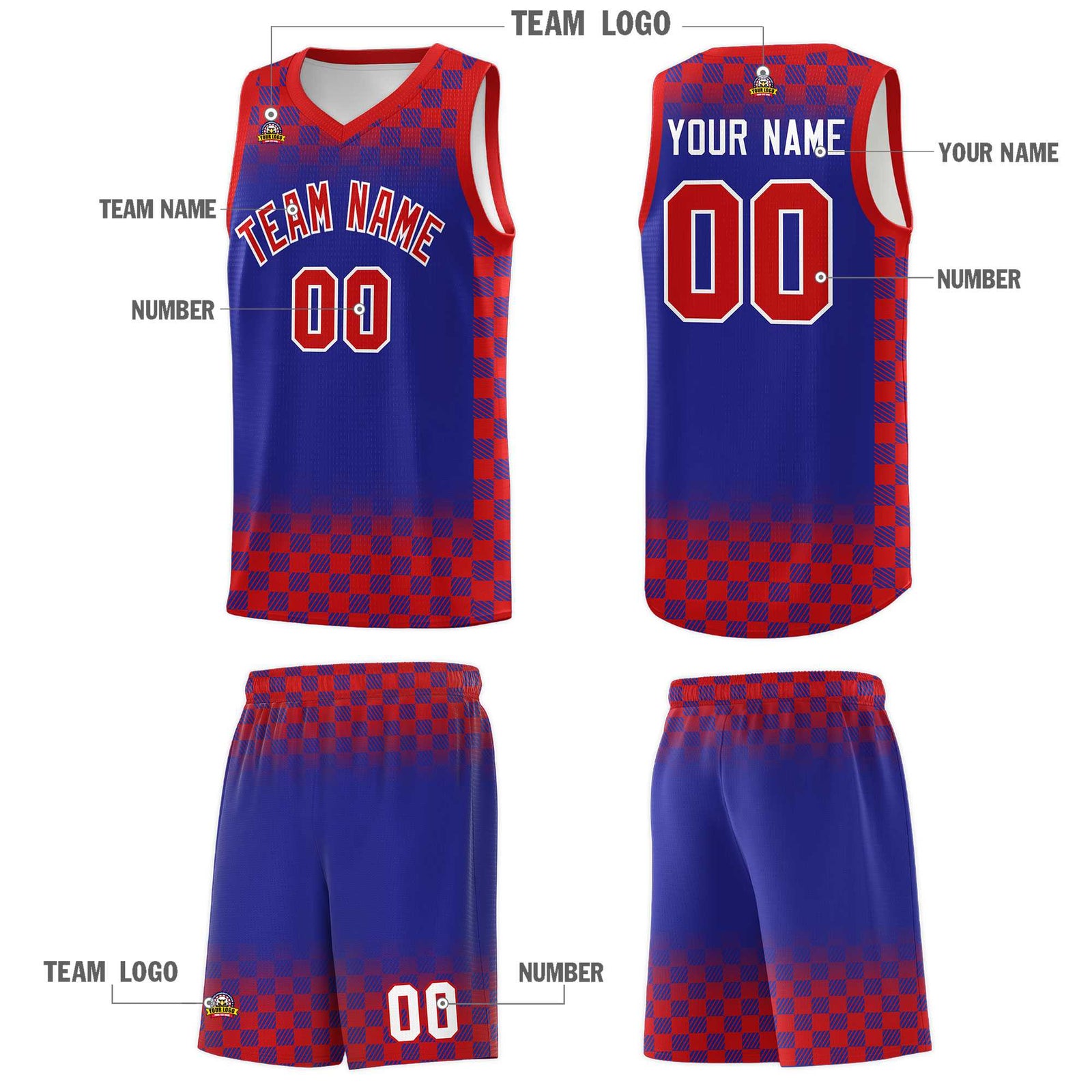 Custom Royal Red Classic Plaid Pattern Sports Uniform Basketball Jersey