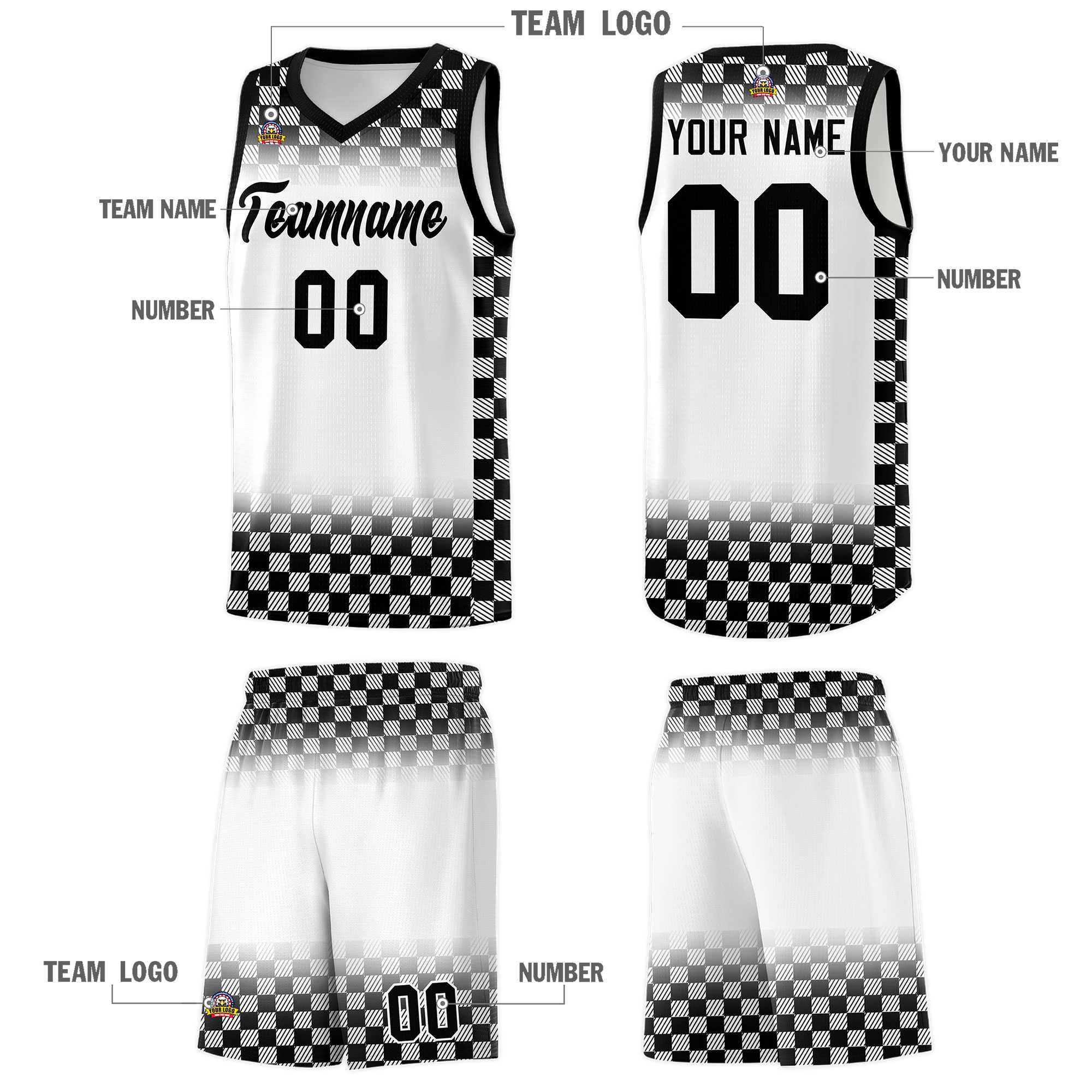 Custom White Black Classic Plaid Pattern Sports Uniform Basketball Jersey