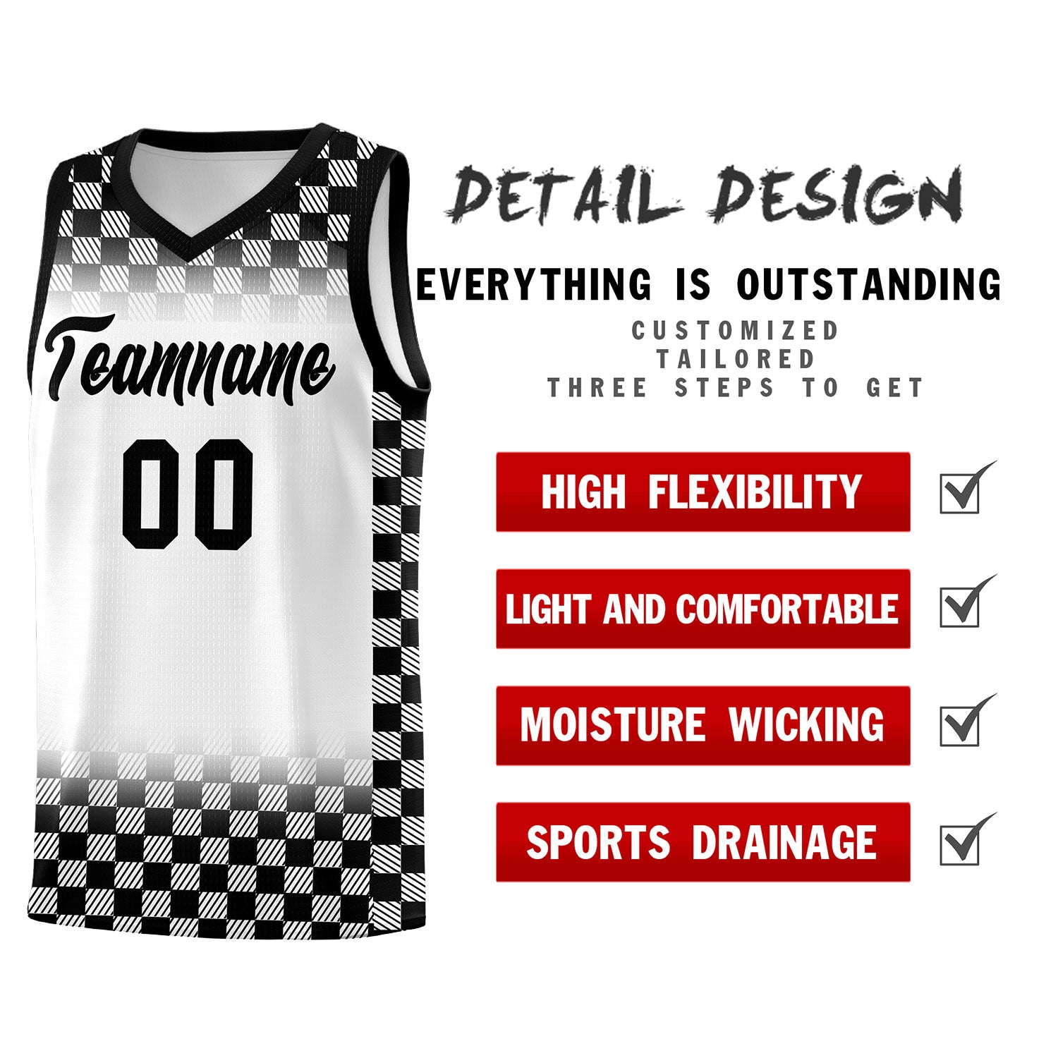 Custom White Black Classic Plaid Pattern Sports Uniform Basketball Jersey