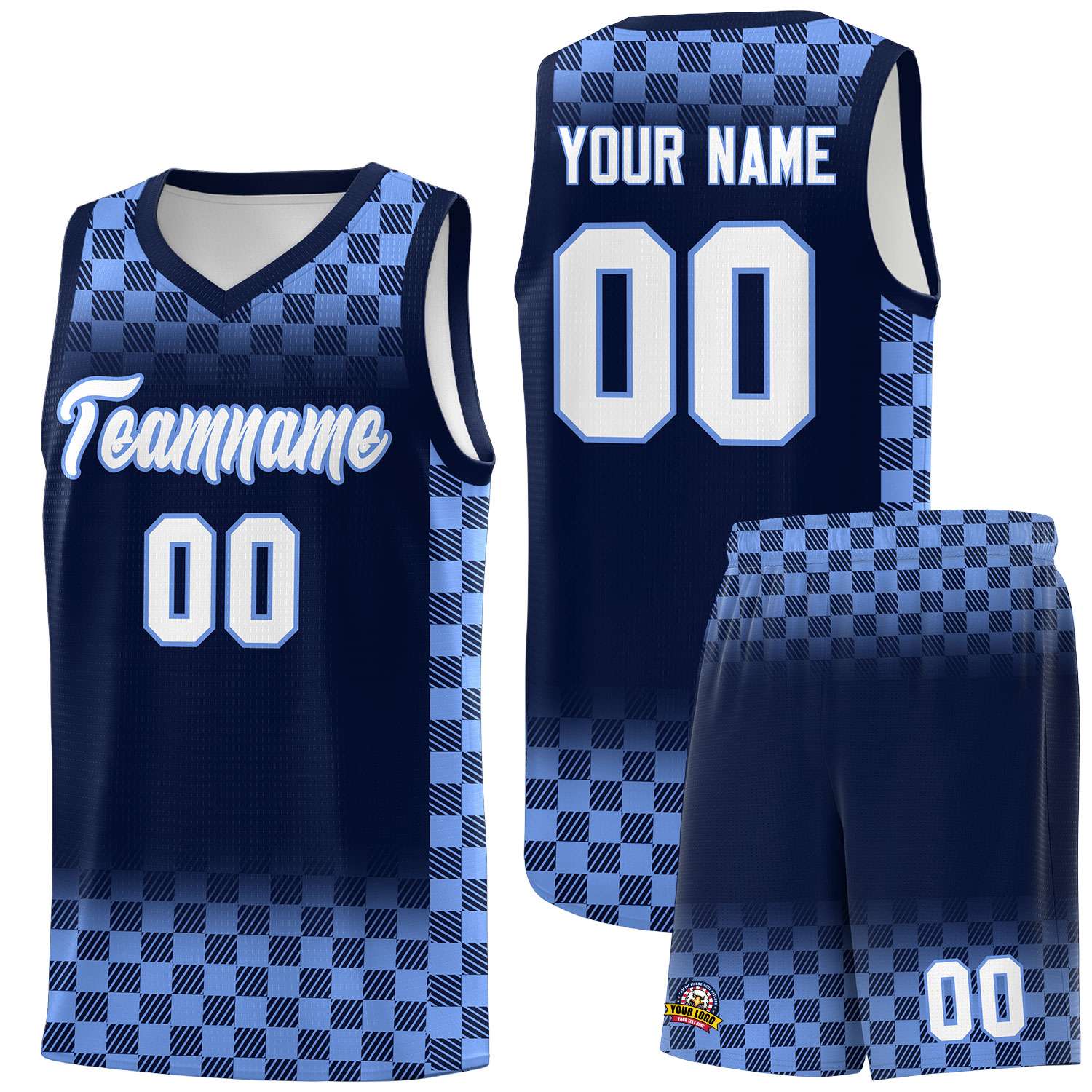 Custom Navy Light Blue Classic Plaid Pattern Sports Uniform Basketball Jersey