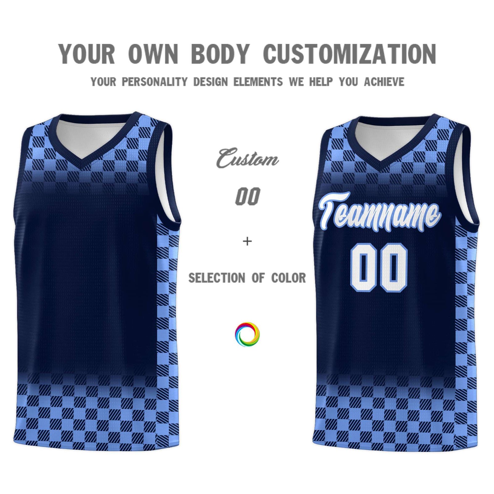 Custom Navy Light Blue Classic Plaid Pattern Sports Uniform Basketball Jersey