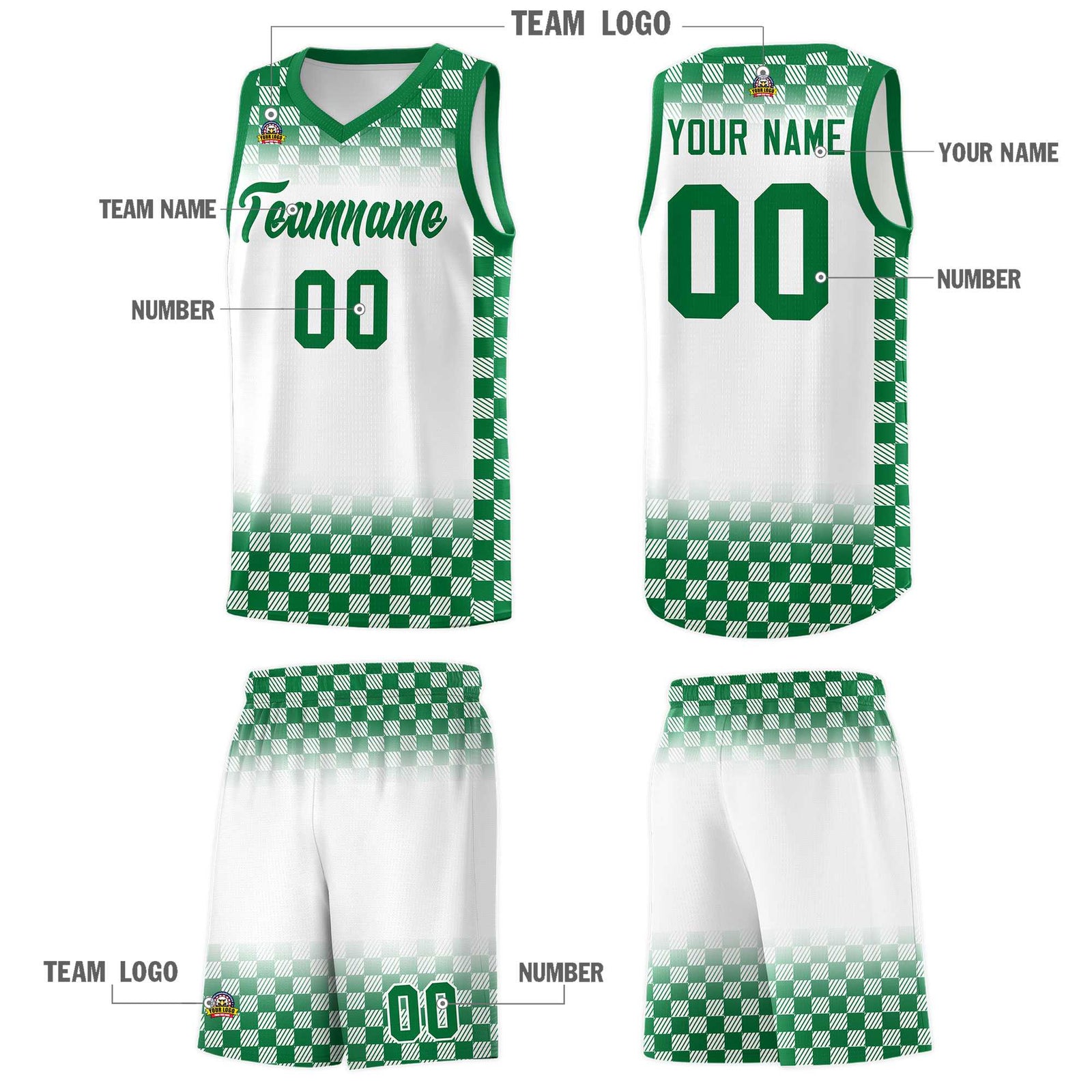Custom White Kelly Green Classic Plaid Pattern Sports Uniform Basketball Jersey