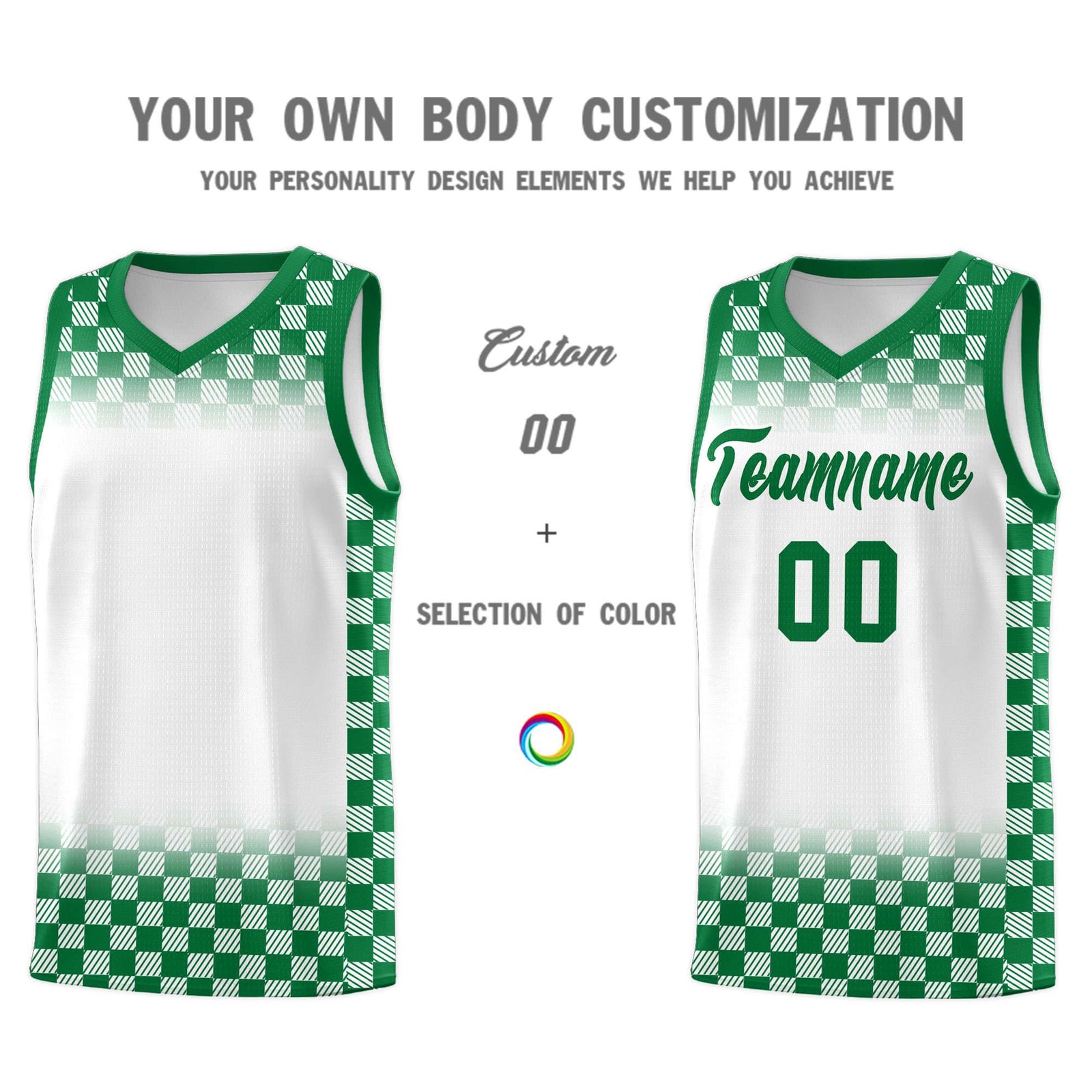 Custom White Kelly Green Classic Plaid Pattern Sports Uniform Basketball Jersey