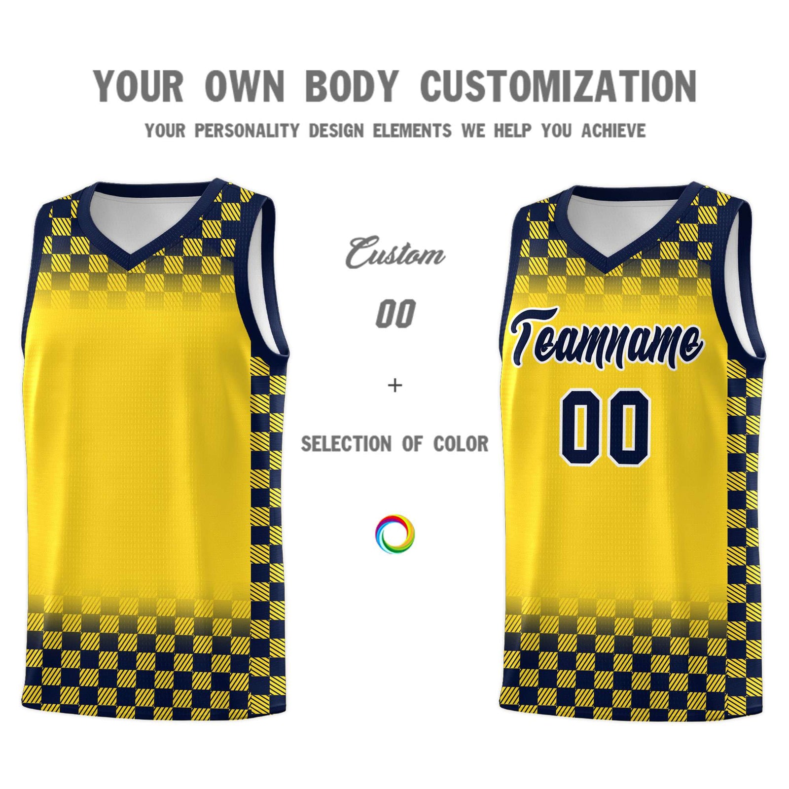Custom Gold Navy Classic Plaid Pattern Sports Uniform Basketball Jersey