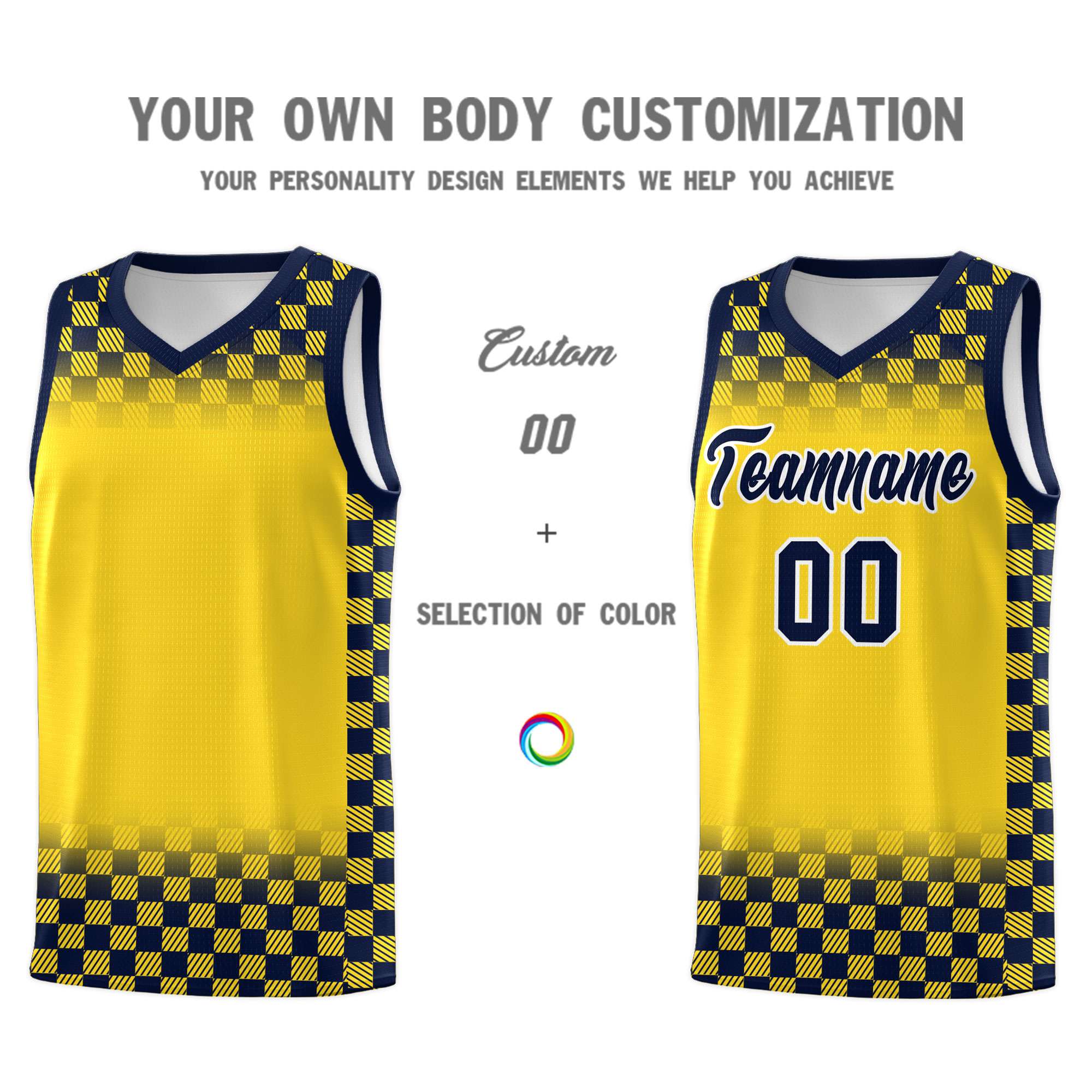 Custom Gold Navy Classic Plaid Pattern Sports Uniform Basketball Jersey