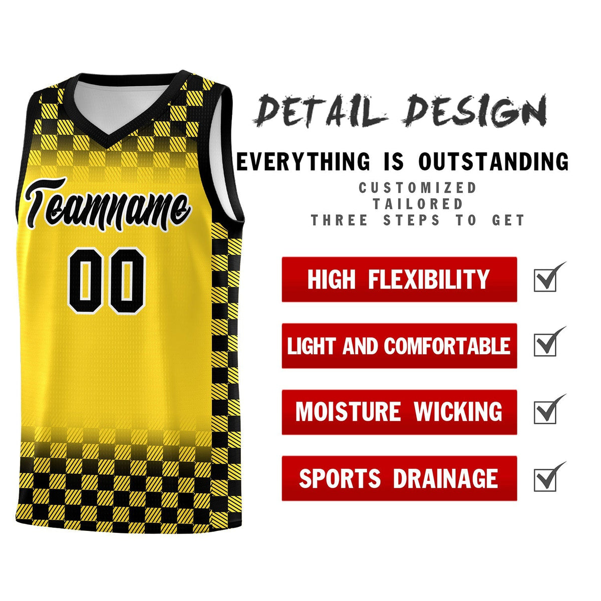 Custom Gold Black Classic Plaid Pattern Sports Uniform Basketball Jersey