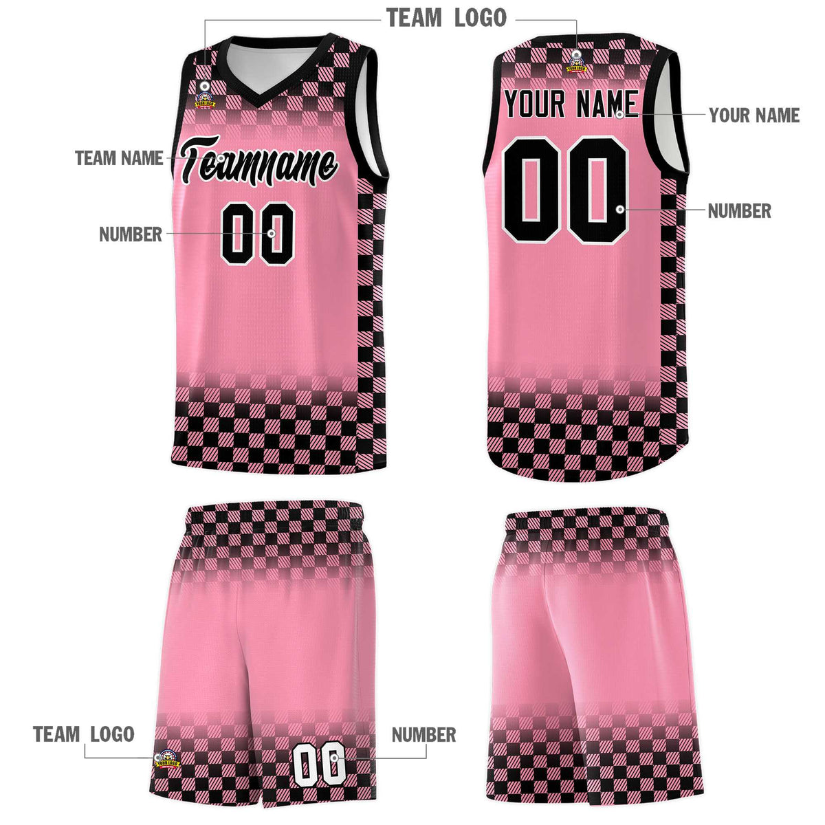 Custom Light Pink Black Classic Plaid Pattern Sports Uniform Basketball Jersey