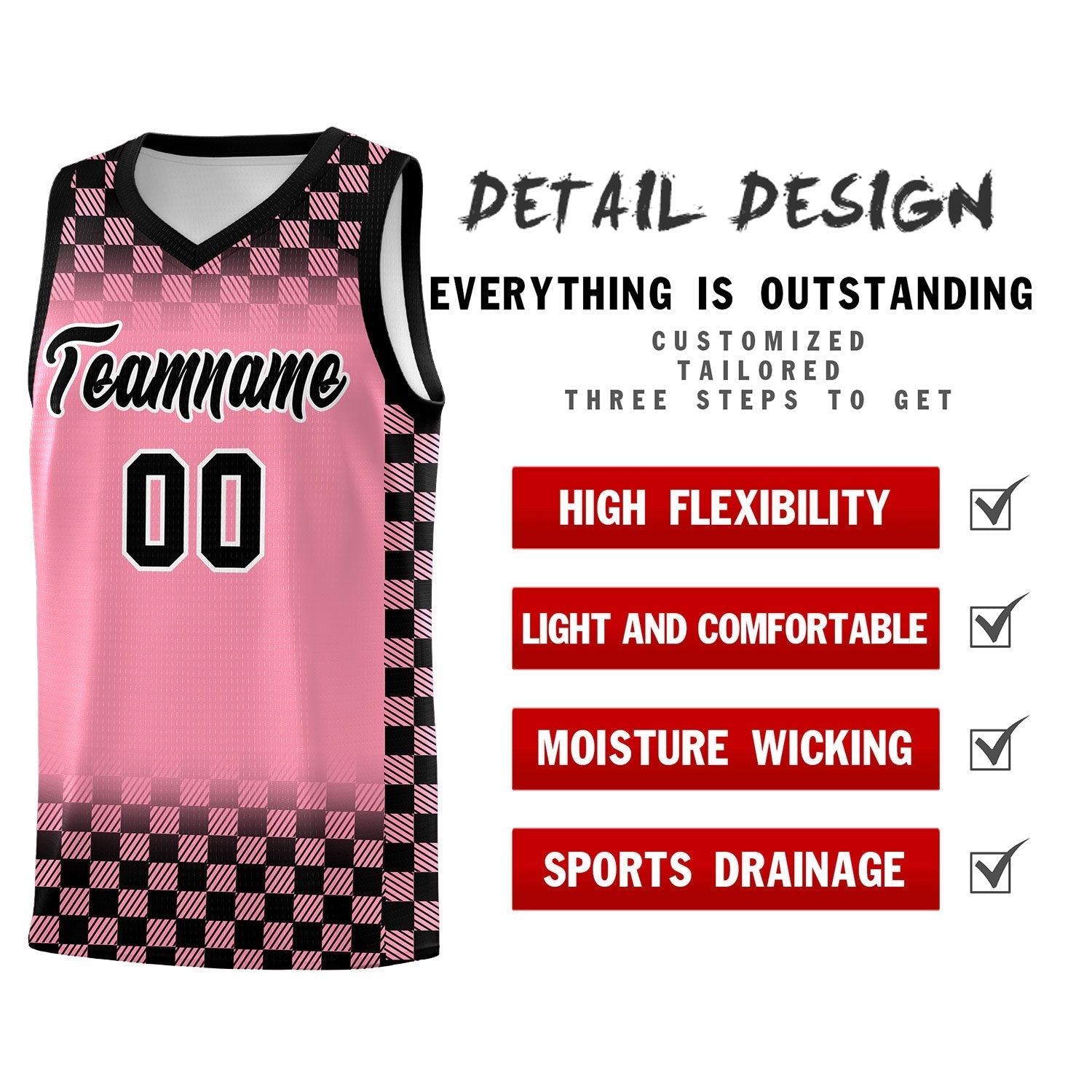 Custom Light Pink Black Classic Plaid Pattern Sports Uniform Basketball Jersey