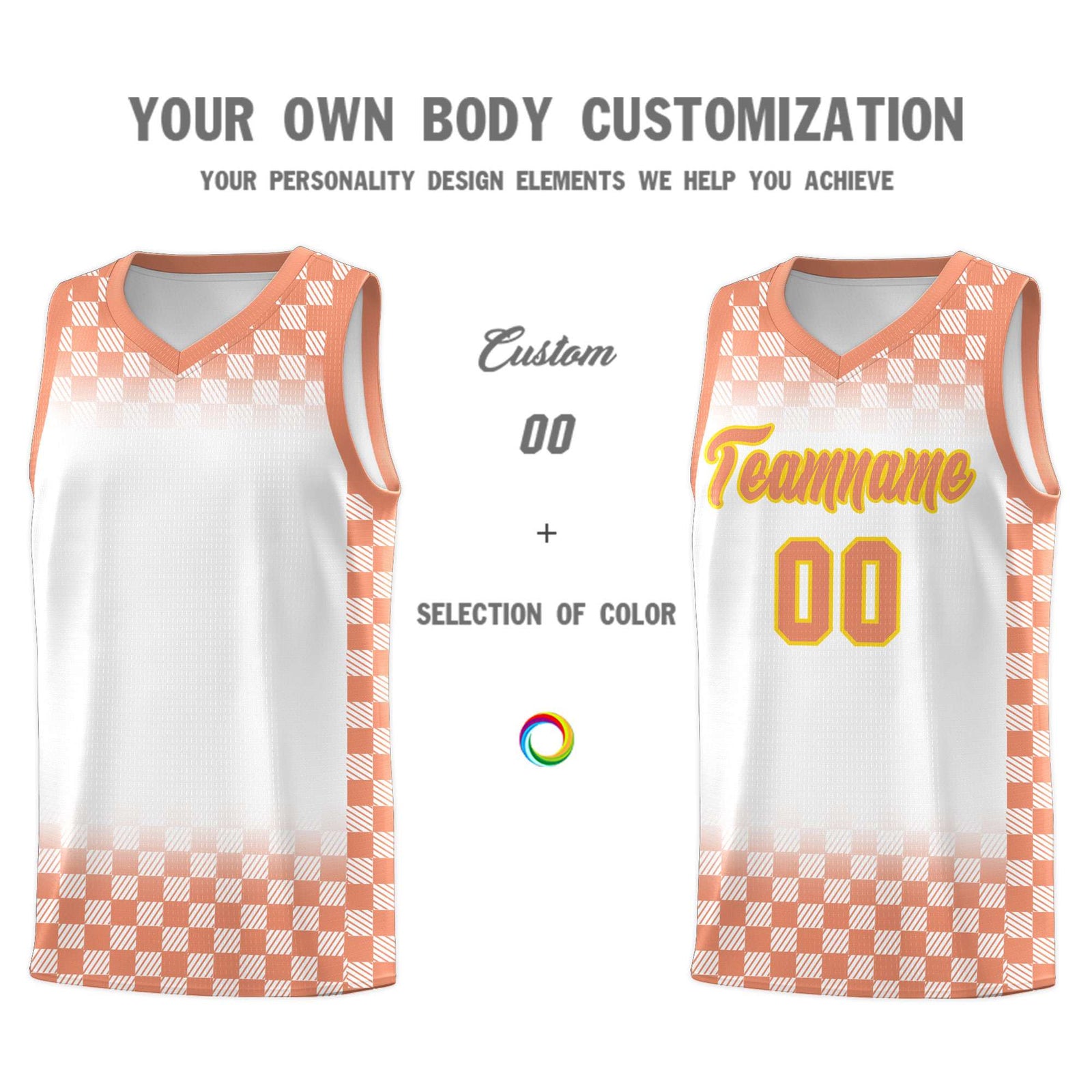 Custom White Light Orange Classic Plaid Pattern Sports Uniform Basketball Jersey