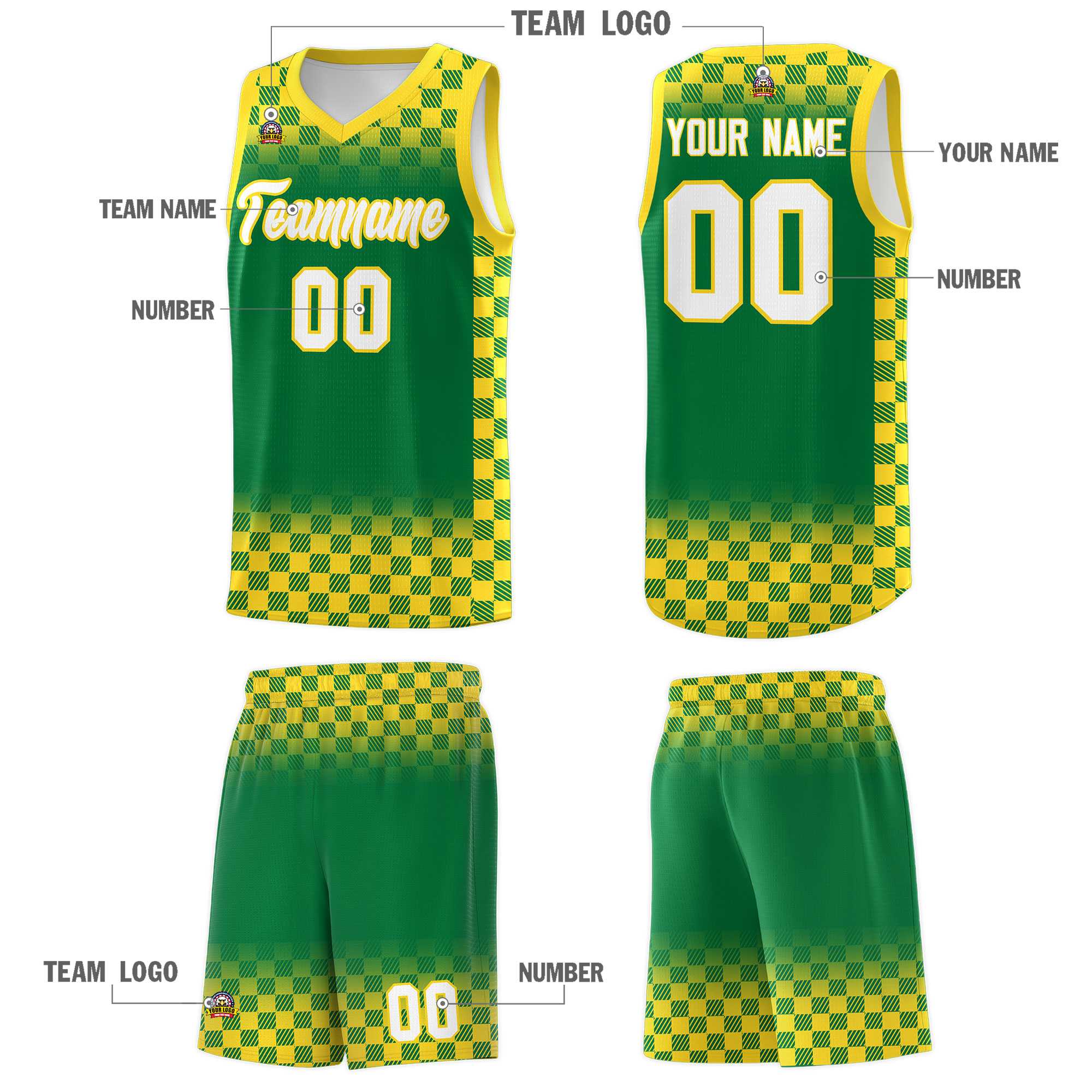Custom Kelly Green Gold Classic Plaid Pattern Sports Uniform Basketball Jersey