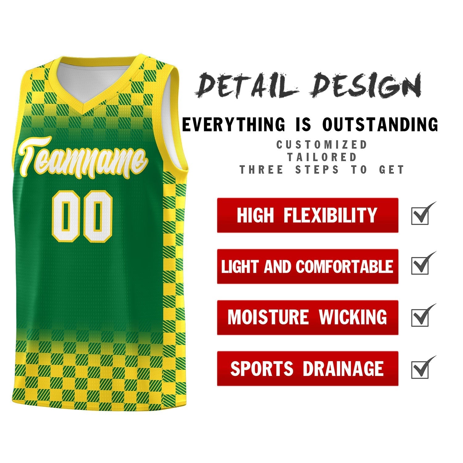 Custom Kelly Green Gold Classic Plaid Pattern Sports Uniform Basketball Jersey