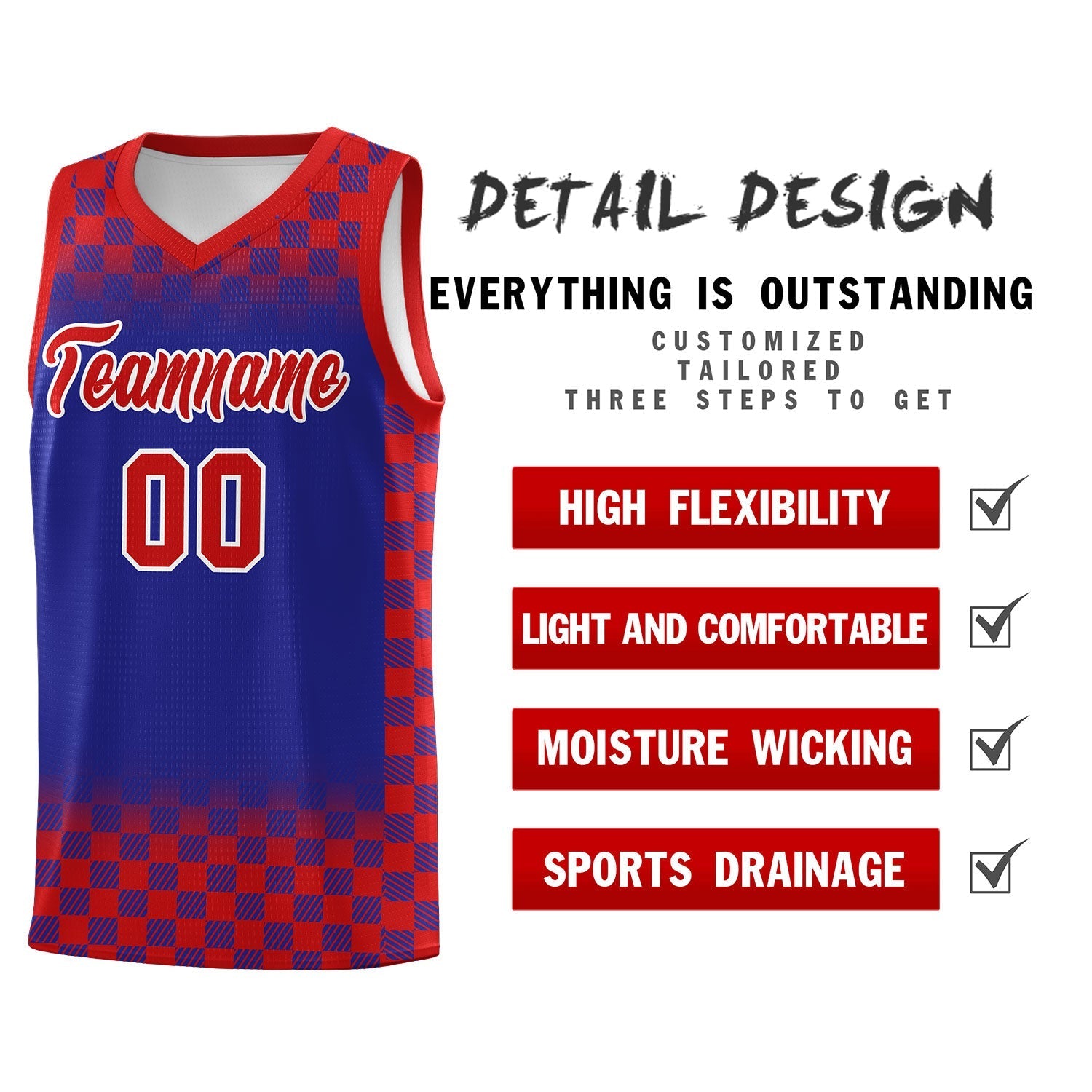 Custom Royal Red Classic Plaid Pattern Sports Uniform Basketball Jersey