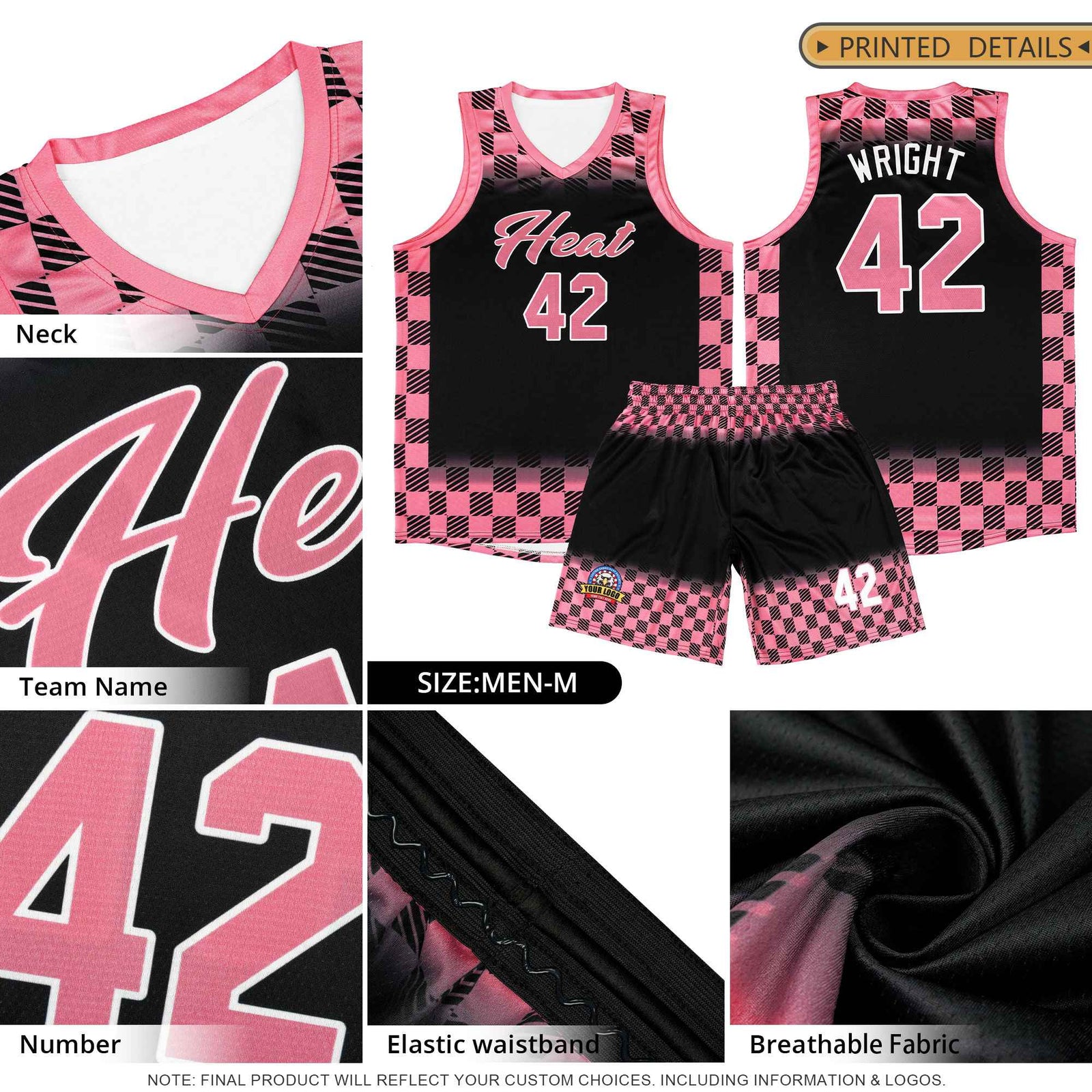 Custom Black Light Pink Classic Plaid Pattern Sports Uniform Basketball Jersey