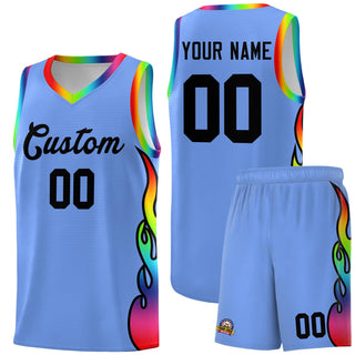 Custom Light Blue Side Flame Pattern Fashion Sports Uniform Basketball Jersey - Style 1