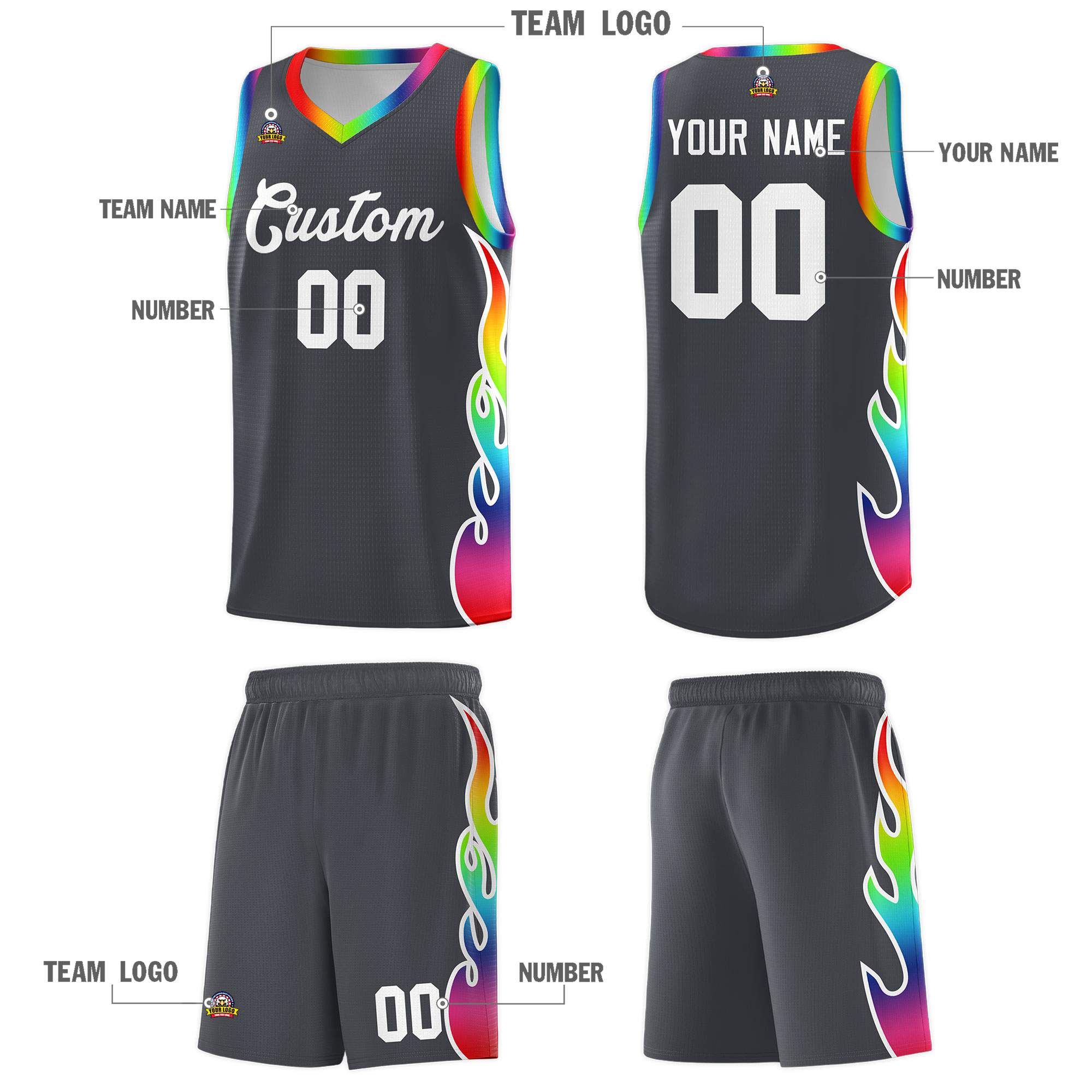 Custom Dark Gray Side Flame Pattern Fashion Sports Uniform Basketball Jersey