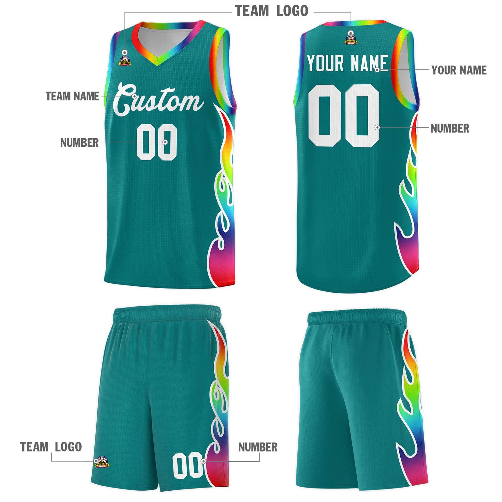Custom Aqua Side Flame Pattern Fashion Sports Uniform Basketball Jersey