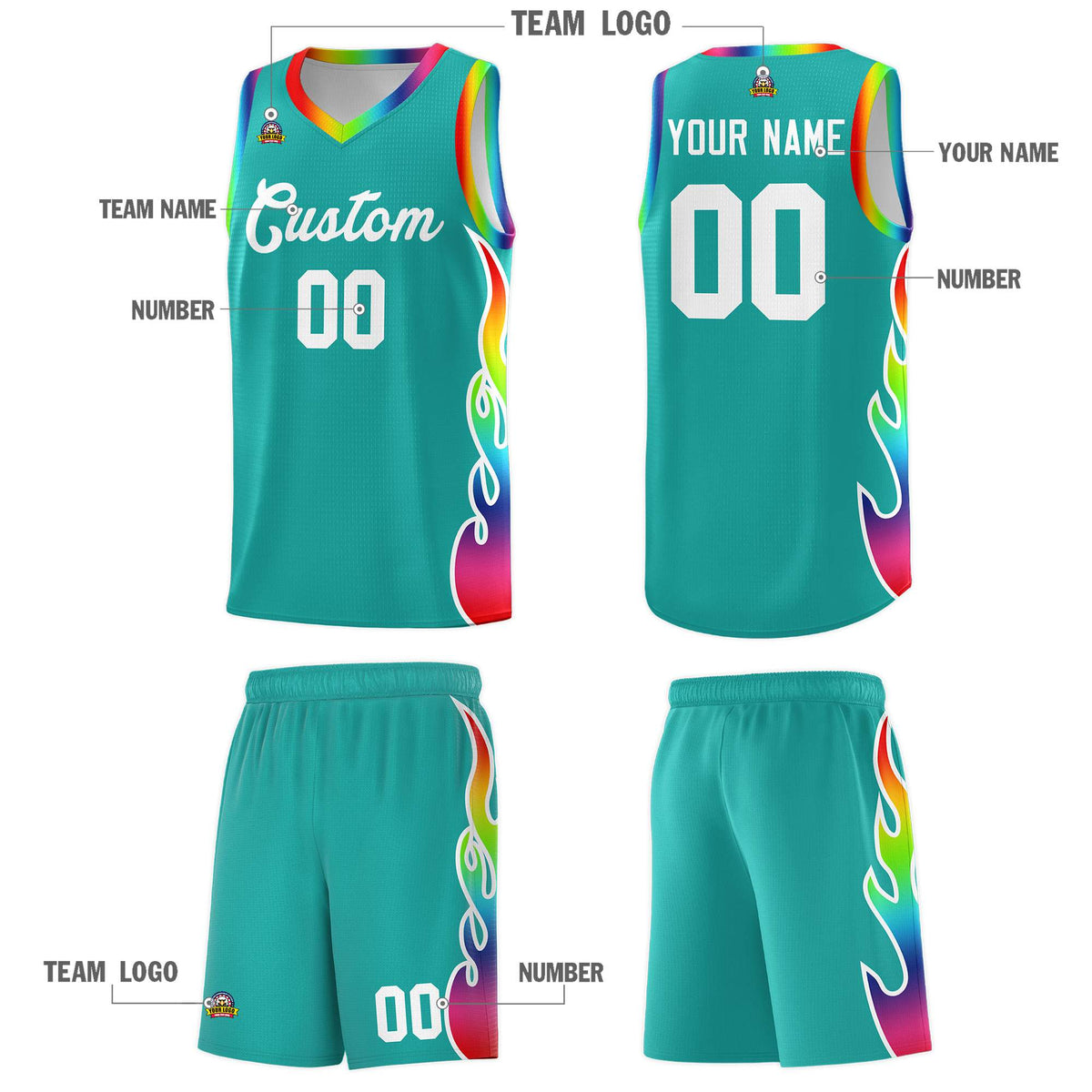 Custom Aqua Side Flame Pattern Fashion Sports Uniform Basketball Jersey