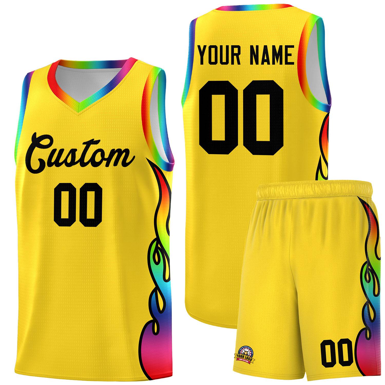 Custom Gold Side Flame Pattern Fashion Sports Uniform Basketball Jersey