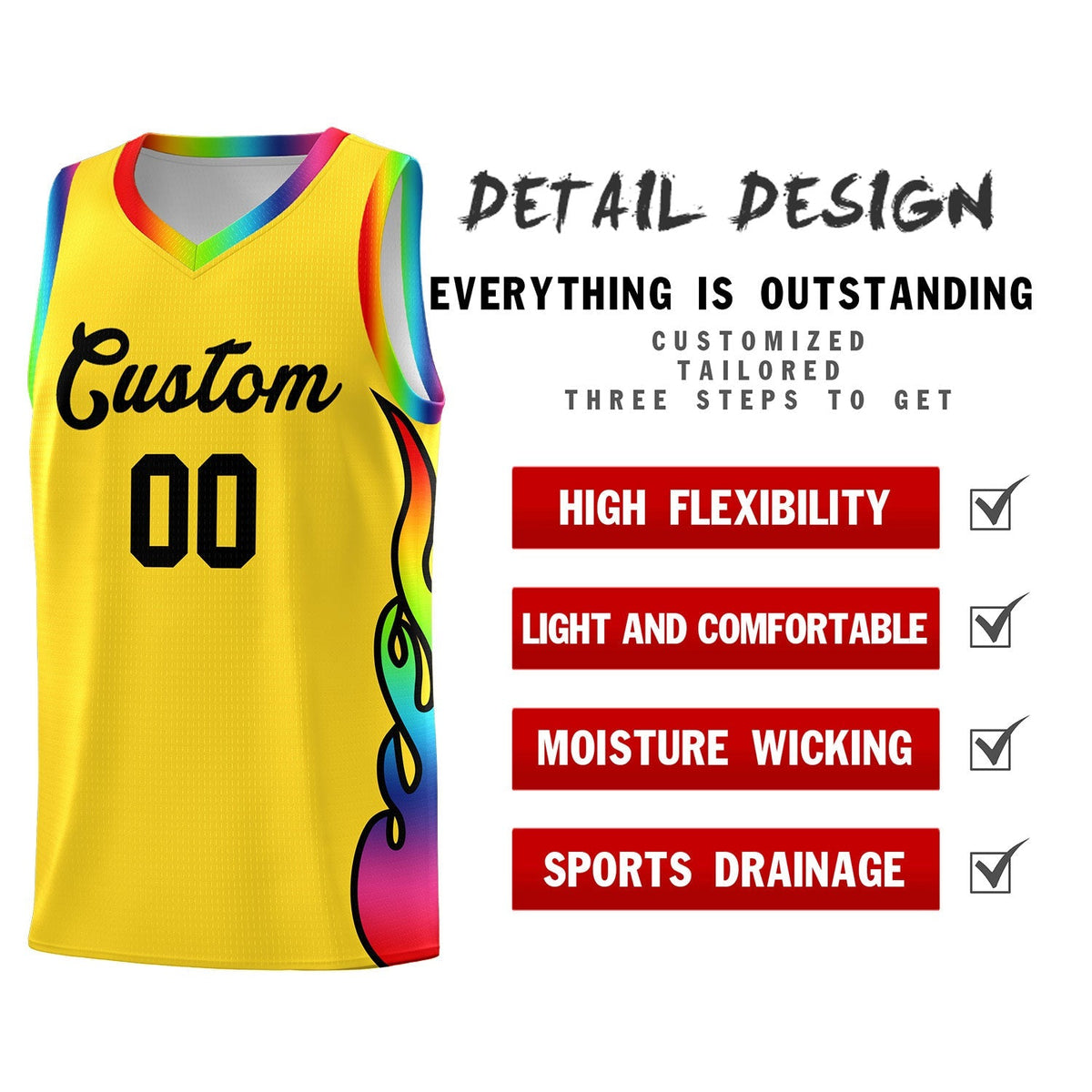 Custom Gold Side Flame Pattern Fashion Sports Uniform Basketball Jersey