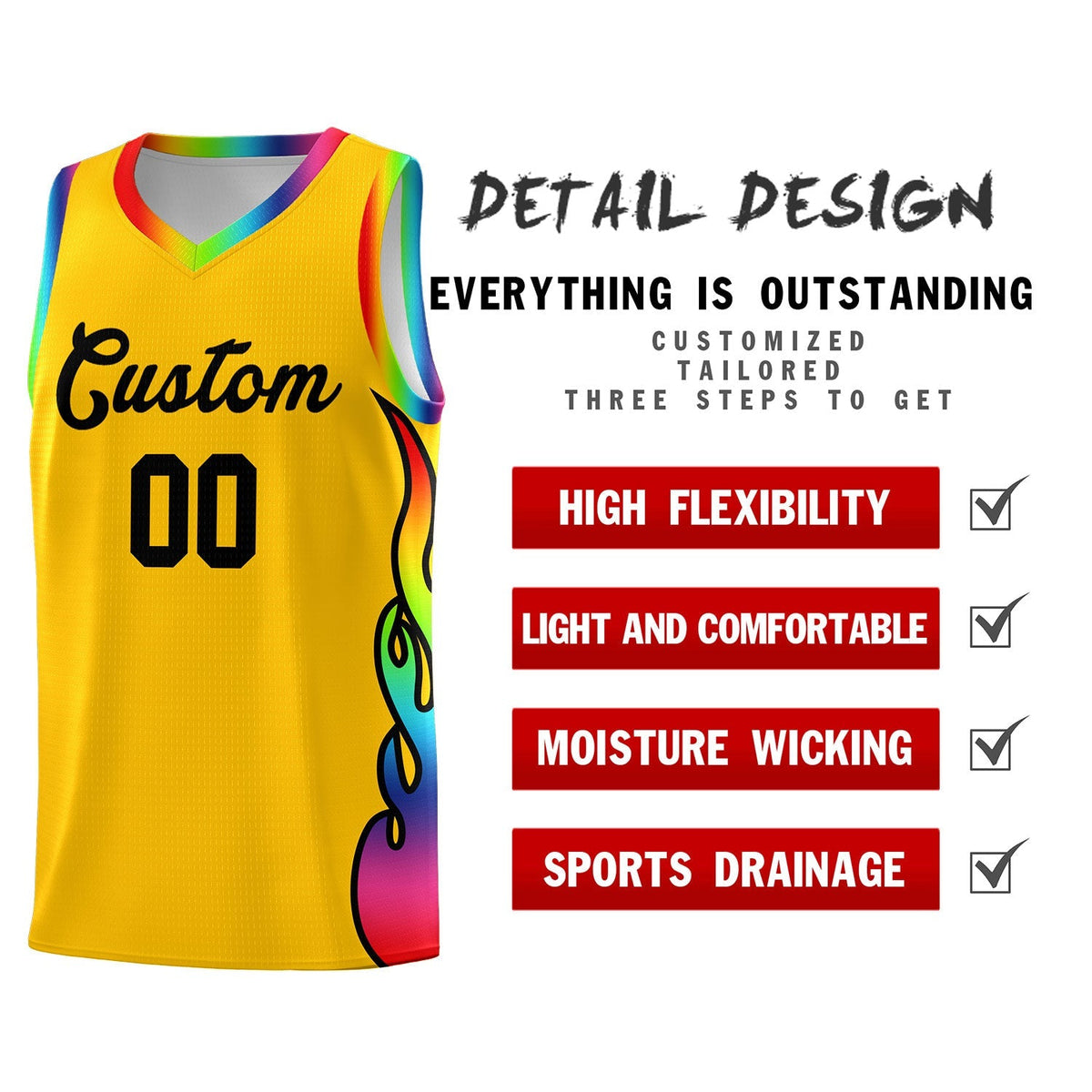 Custom Yellow Side Flame Pattern Fashion Sports Uniform Basketball Jersey