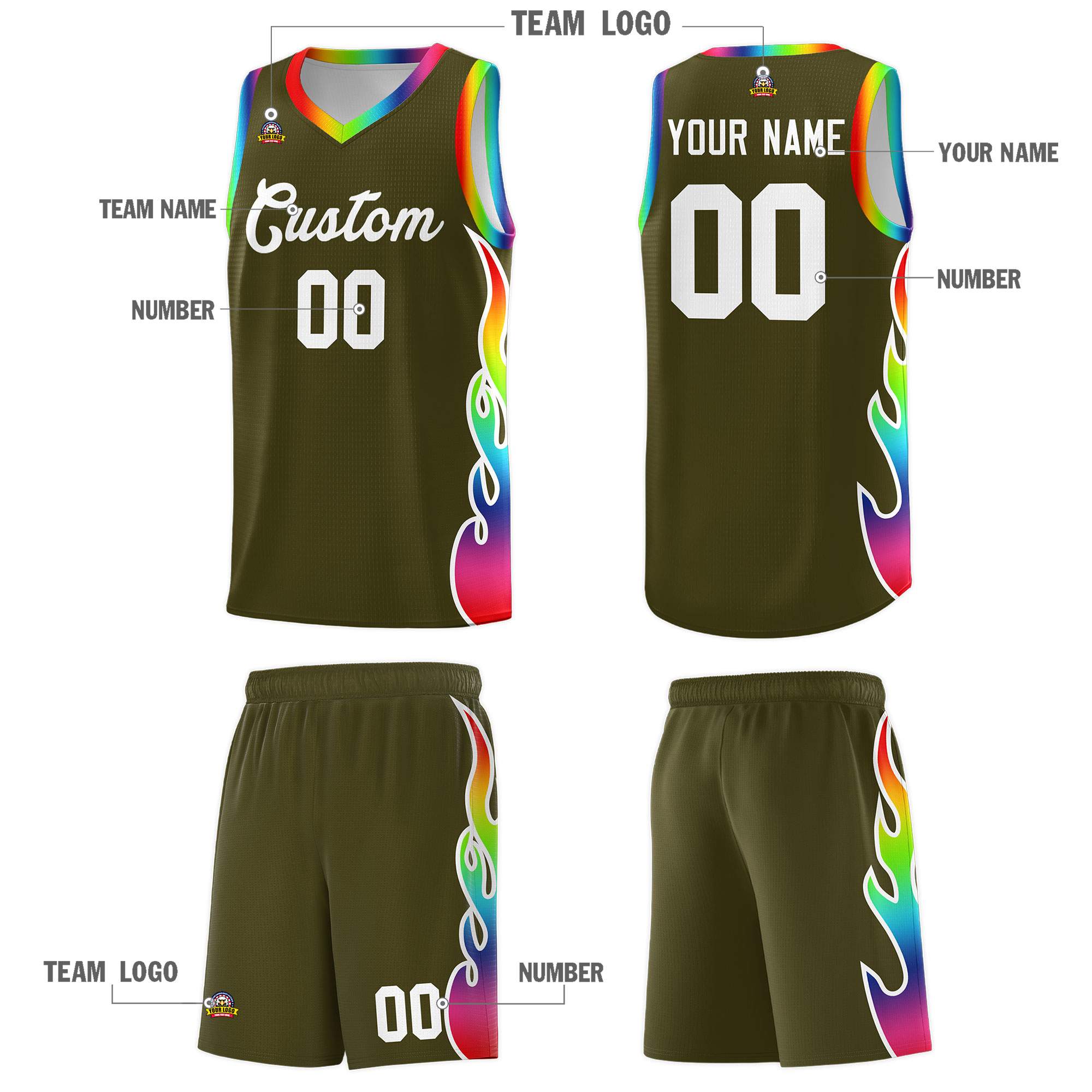 Custom Olive Side Flame Pattern Fashion Sports Uniform Basketball Jersey
