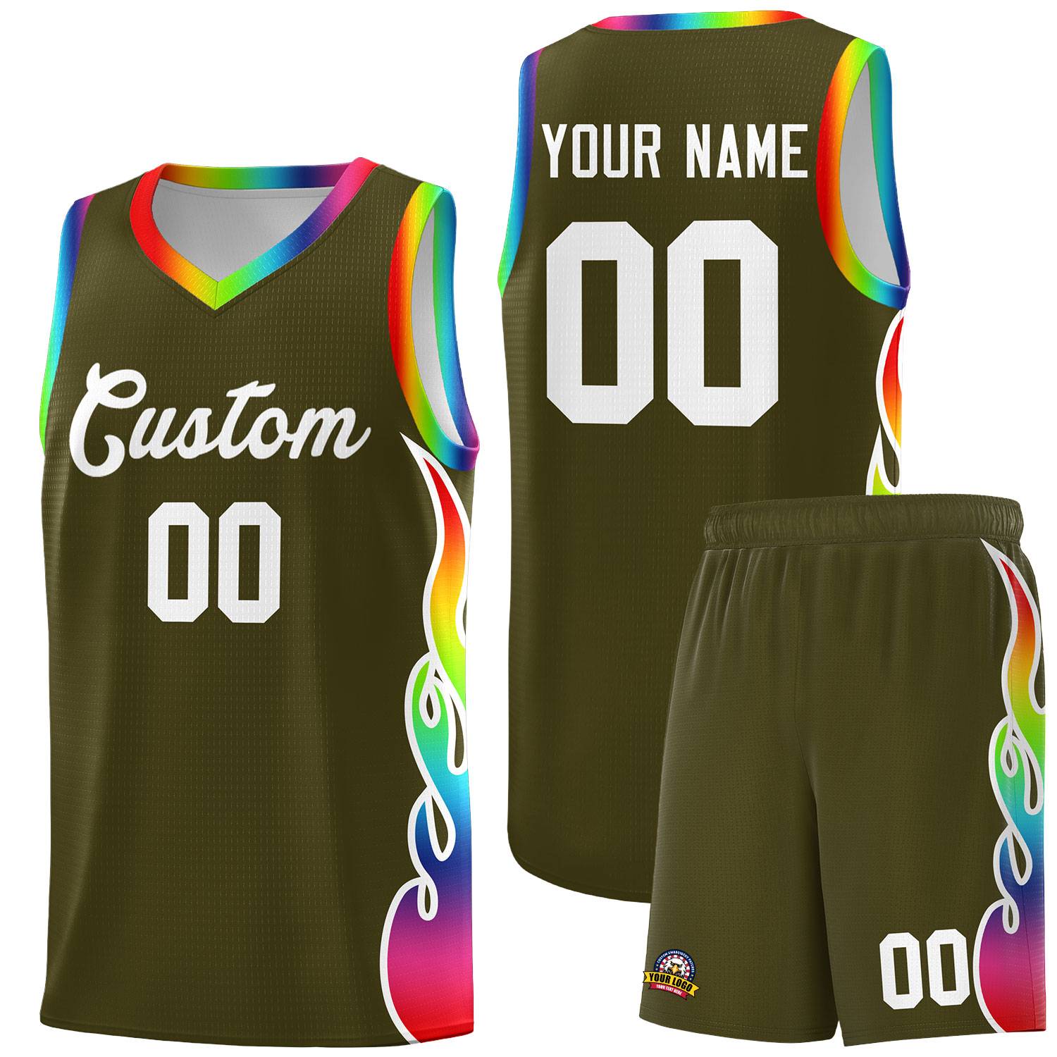 Custom Olive Side Flame Pattern Fashion Sports Uniform Basketball Jersey