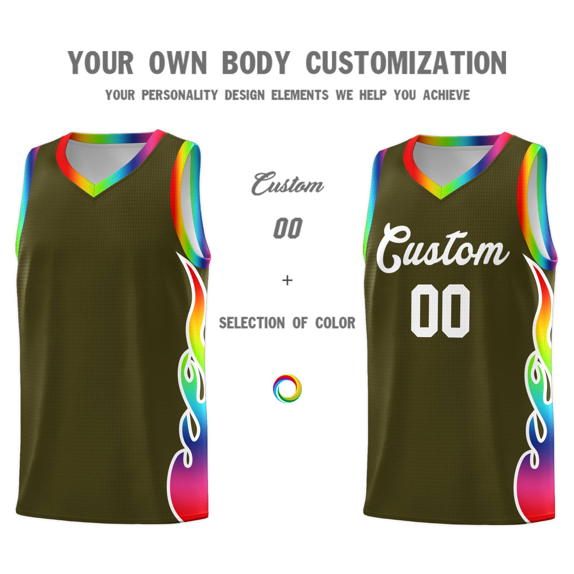 Custom Olive Side Flame Pattern Fashion Sports Uniform Basketball Jersey