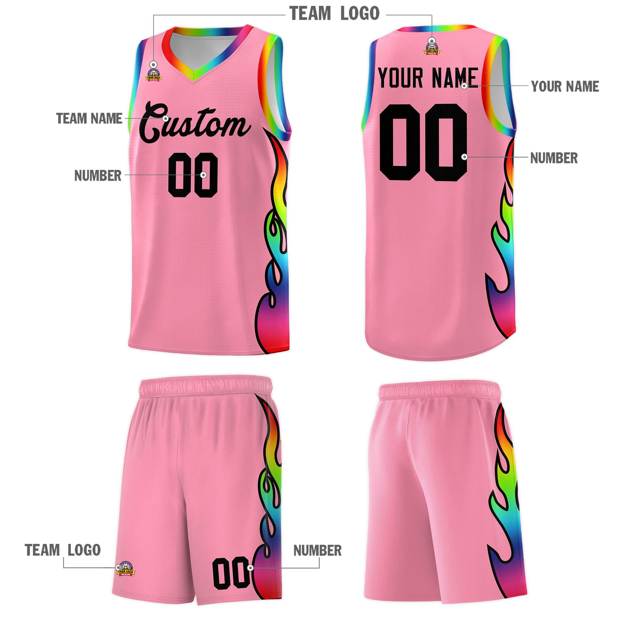 Custom Light Pink Side Flame Pattern Fashion Sports Uniform Basketball Jersey