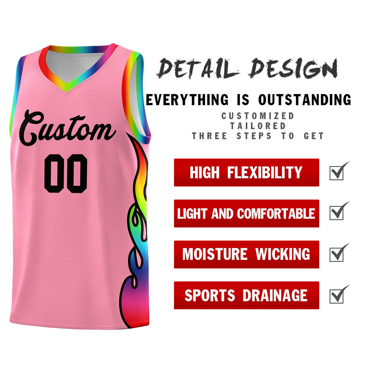 Custom Light Pink Side Flame Pattern Fashion Sports Uniform Basketball Jersey