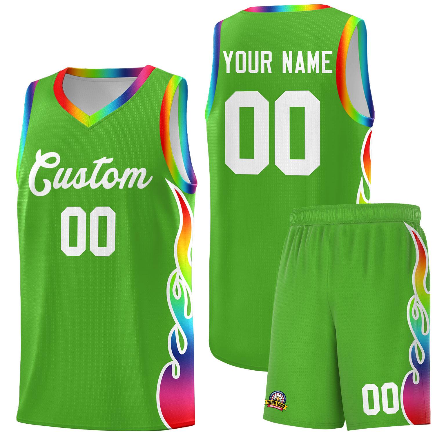 Custom Neon Green Side Flame Pattern Fashion Sports Uniform Basketball Jersey
