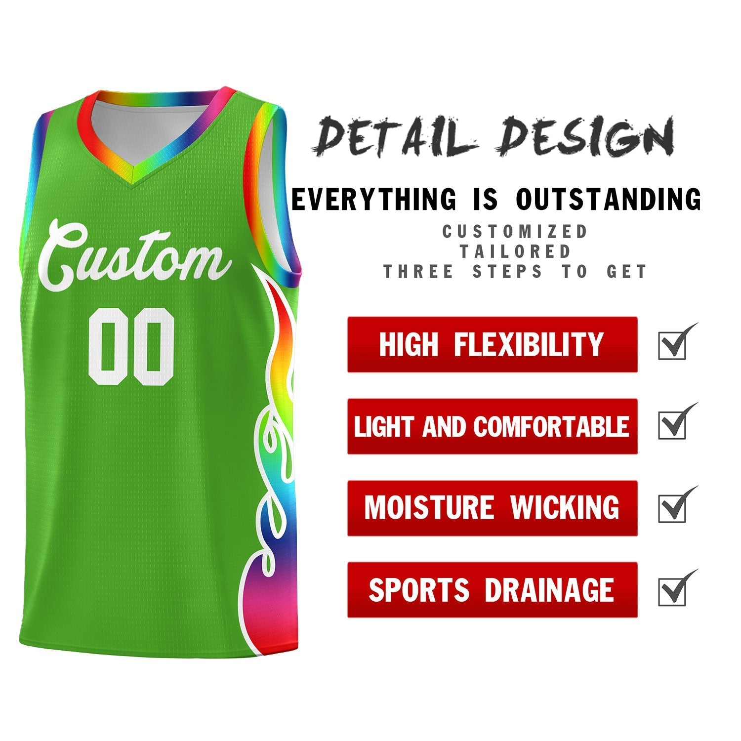 Custom Neon Green Side Flame Pattern Fashion Sports Uniform Basketball Jersey
