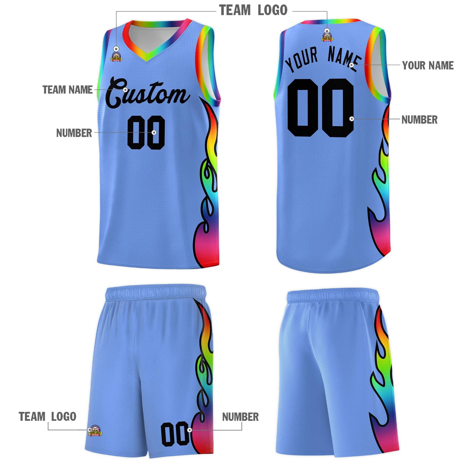 Custom Light Blue Side Flame Pattern Fashion Sports Uniform Basketball Jersey