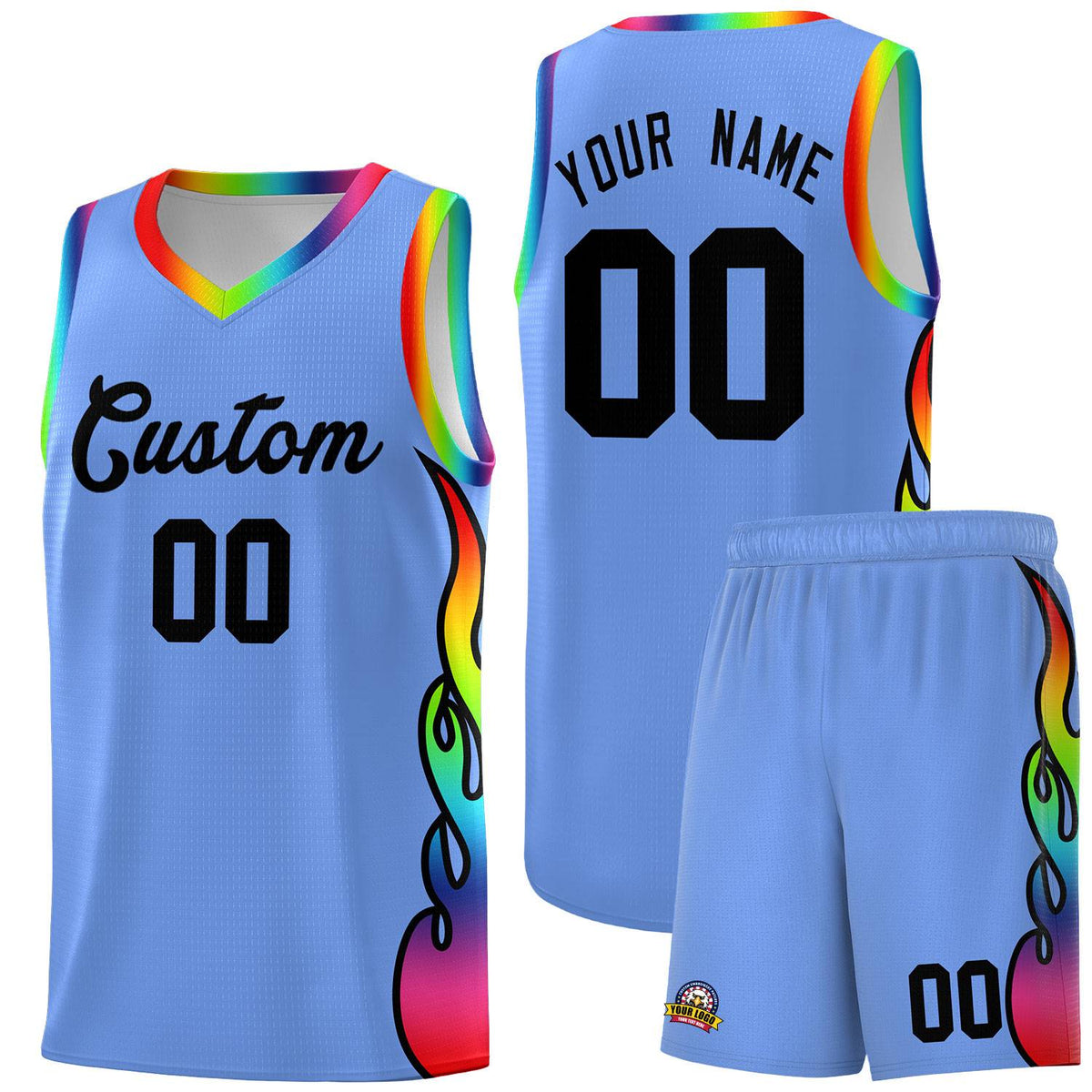Custom Light Blue Side Flame Pattern Fashion Sports Uniform Basketball Jersey